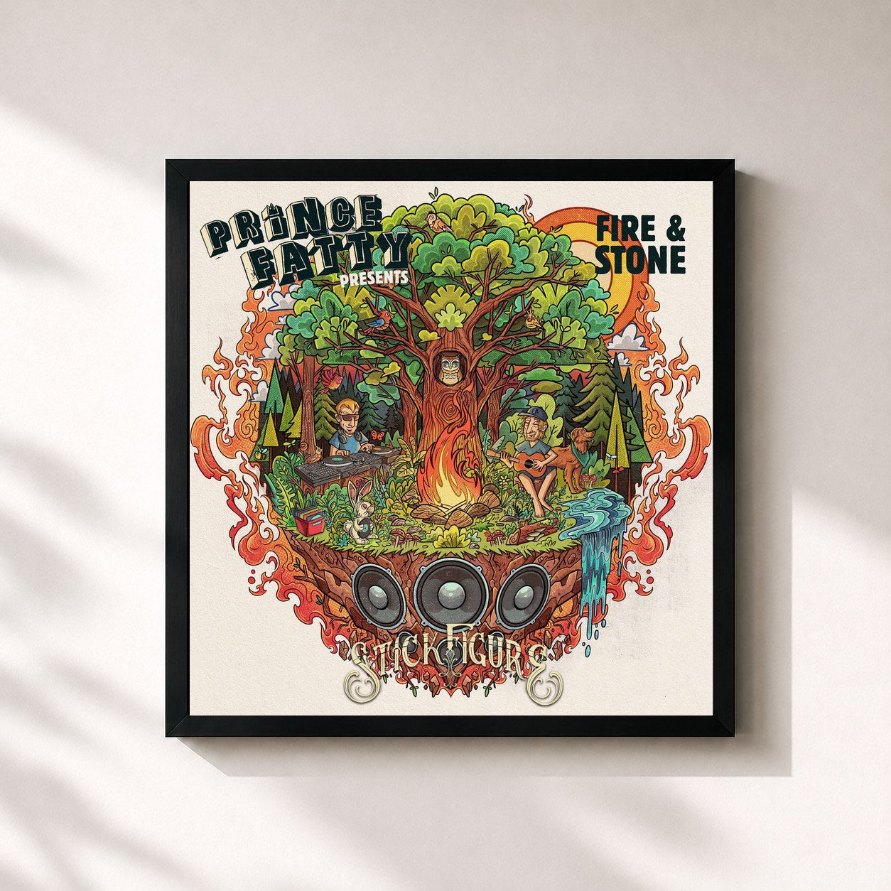 #noir Tableau carré de l'album Fire & Stone (Prince Fatty Presents) de Stick Figure, cadre noir 32x32 cm