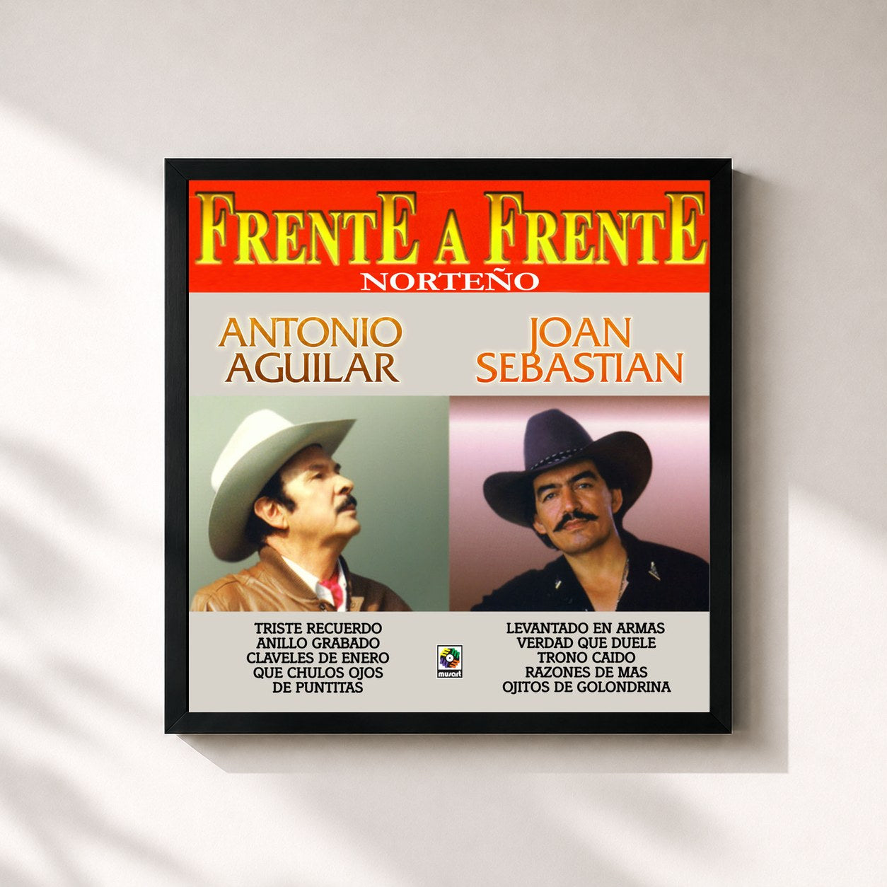 #noir Tableau carré de l'album Frente A Frente: Norteño de Antonio Aguilar, cadre noir 32x32 cm