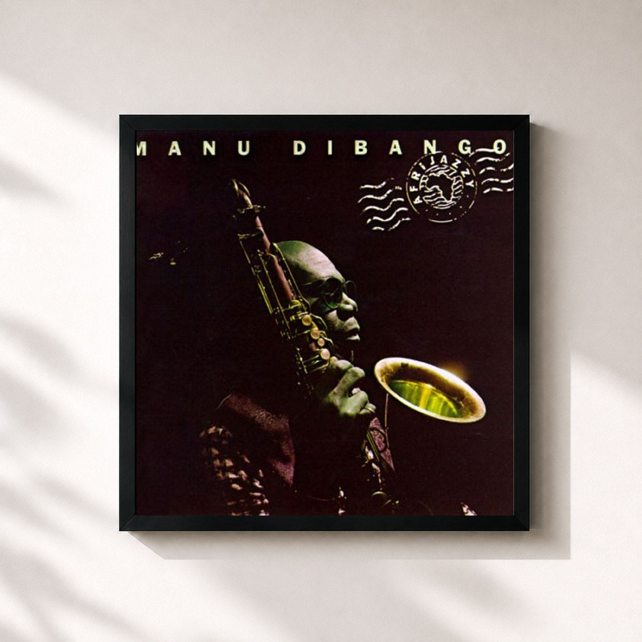 #noir Tableau carré de l'album Afrijazzy de Manu Dibango, cadre noir 32x32 cm
