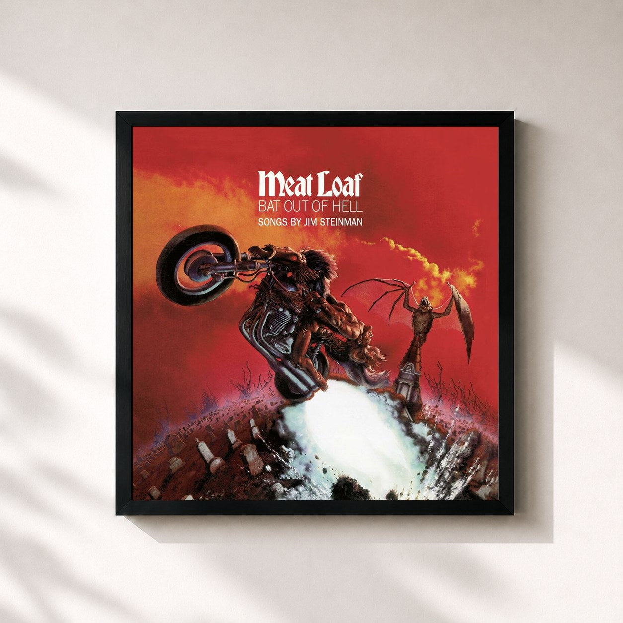 #noir Tableau carré de l'album Bat Out Of Hell de Meat Loaf, cadre noir 32x32 cm