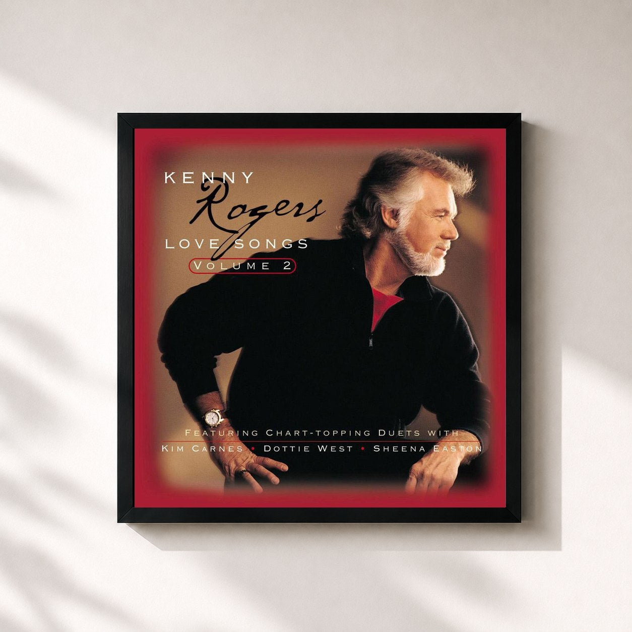 #noir Tableau carré de l'album Love Songs de Kenny Rogers, cadre noir 32x32 cm