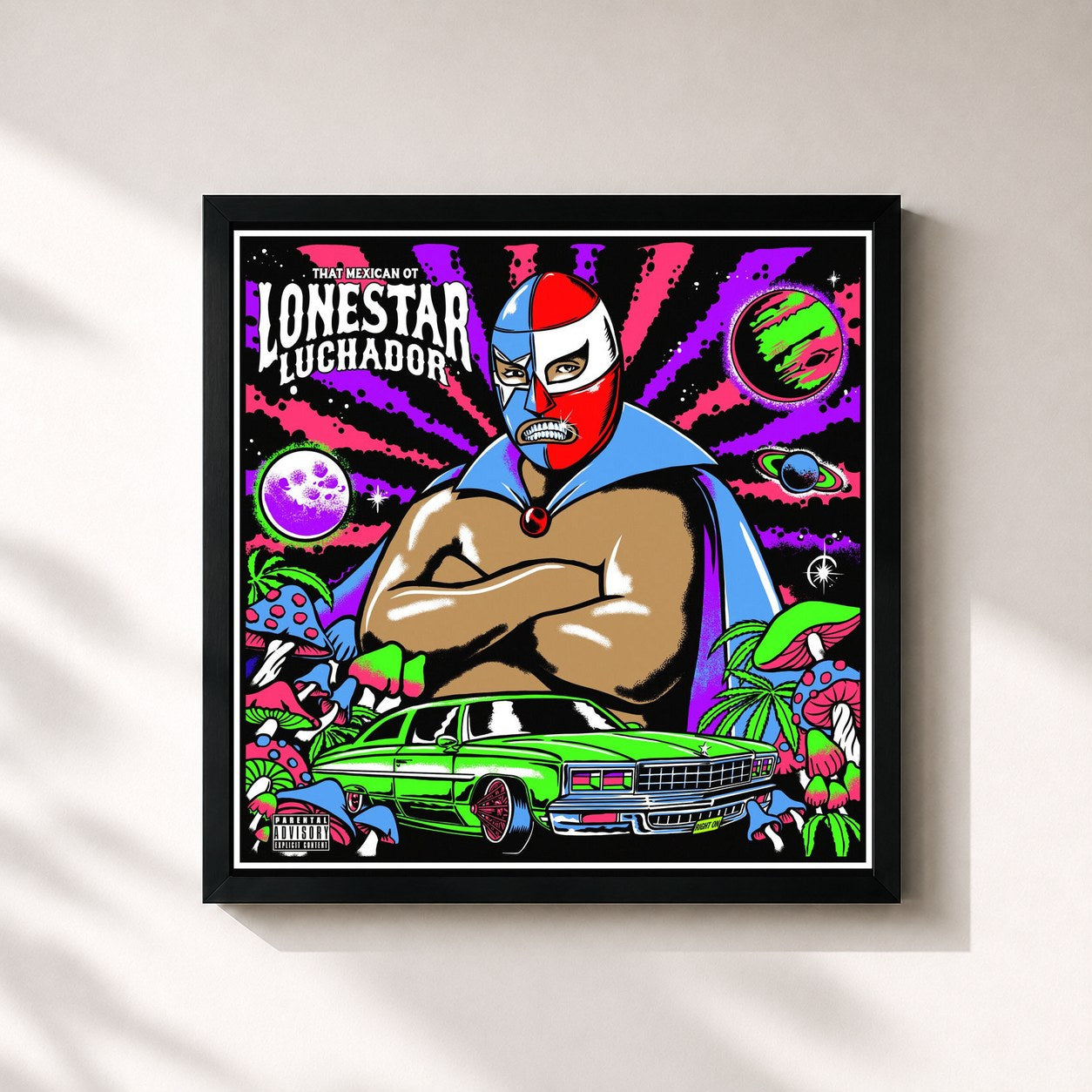 #noir Tableau carré de l'album Lonestar Luchador de that mexican ot, cadre noir 32x32 cm