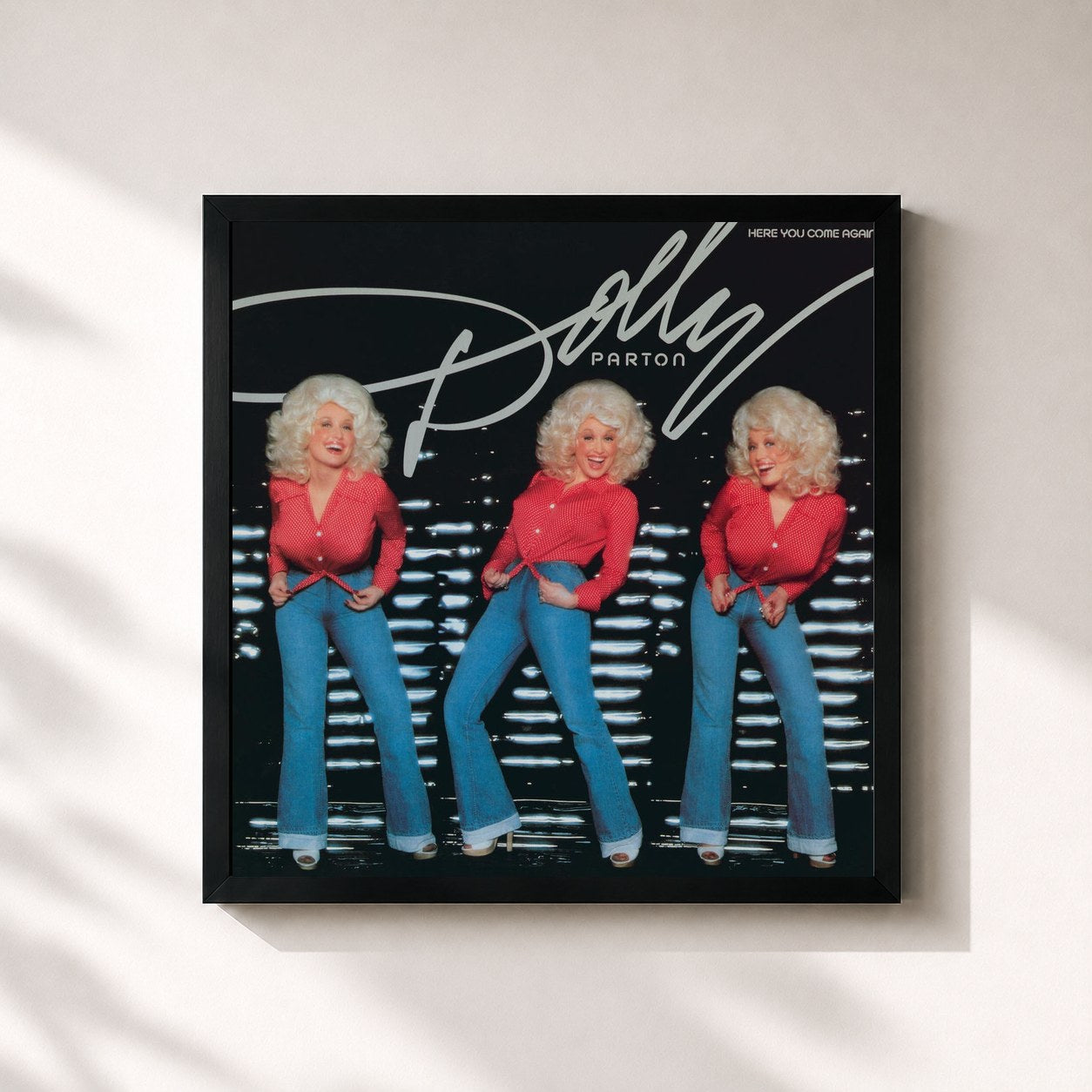 #noir Tableau carré de l'album Here You Come Again de Dolly Parton, cadre noir 32x32 cm
