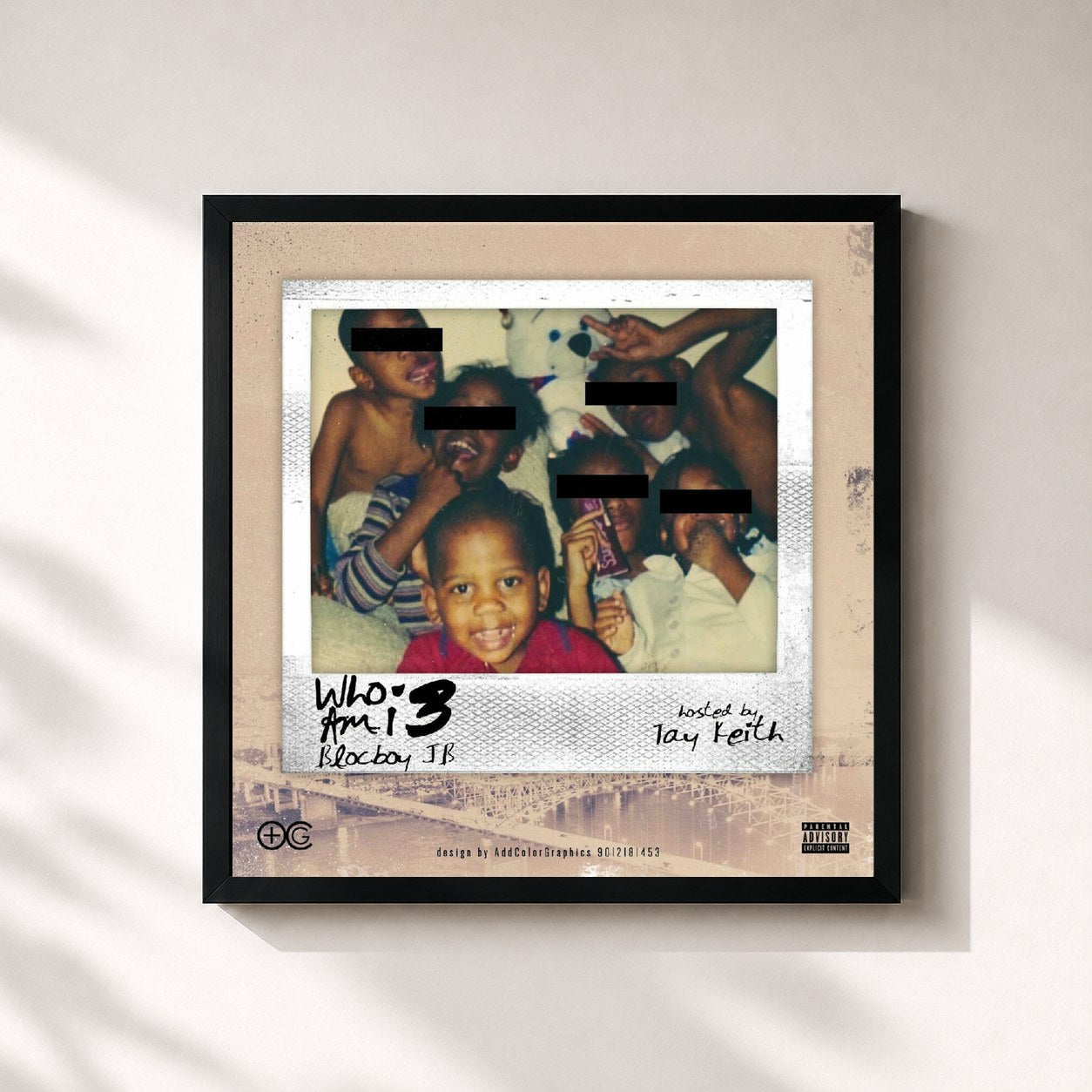 #noir Tableau carré de l'album Who Am I 3 de BlocBoy JB, cadre noir 32x32 cm