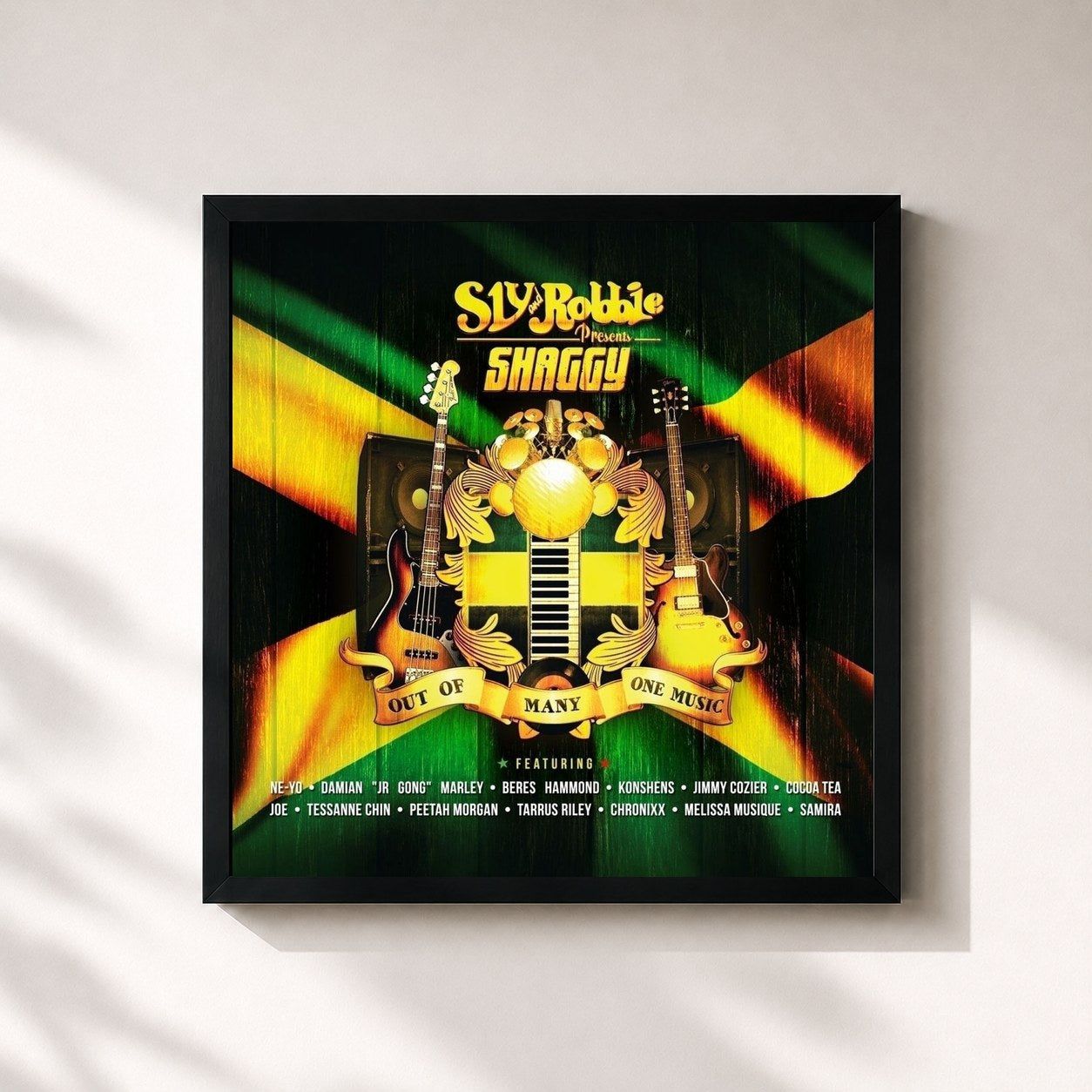 #noir Tableau carré de l'album Out Of Many, One Music de Shaggy, cadre noir 32x32 cm