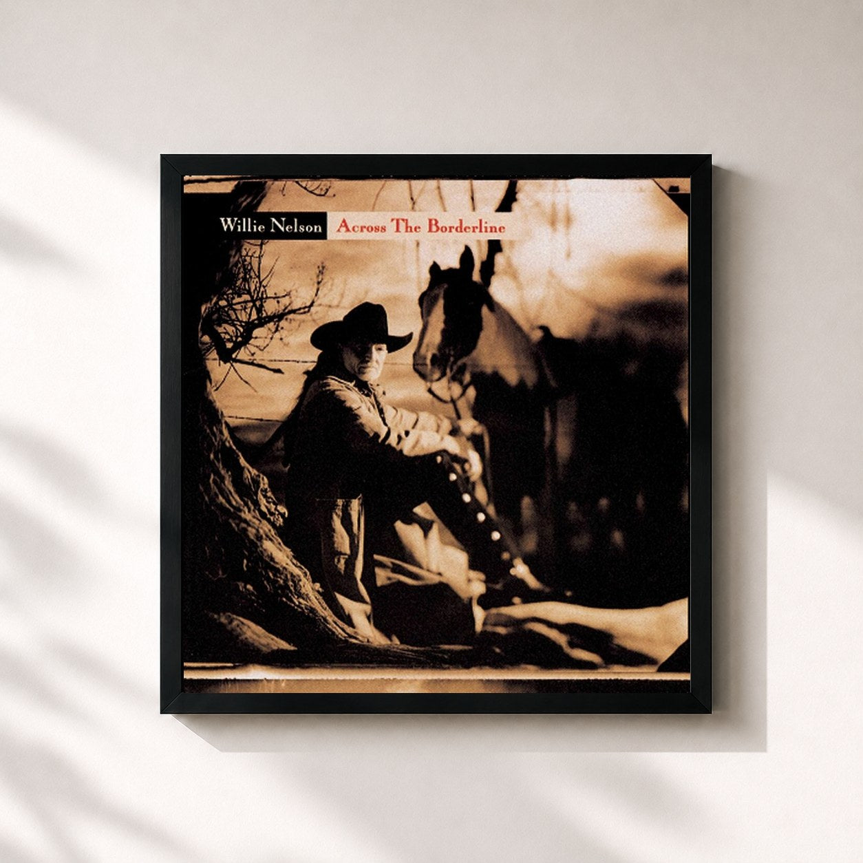 #noir Tableau carré de l'album Across The Borderline de Willie Nelson, cadre noir 32x32 cm