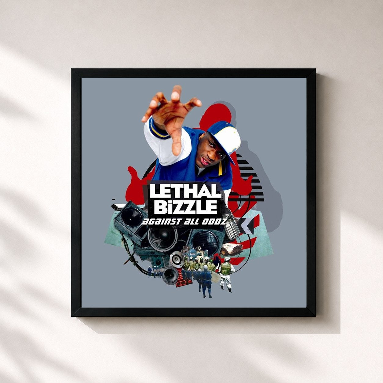#noir Tableau carré de l'album Against All Oddz de Lethal Bizzle, cadre noir 32x32 cm
