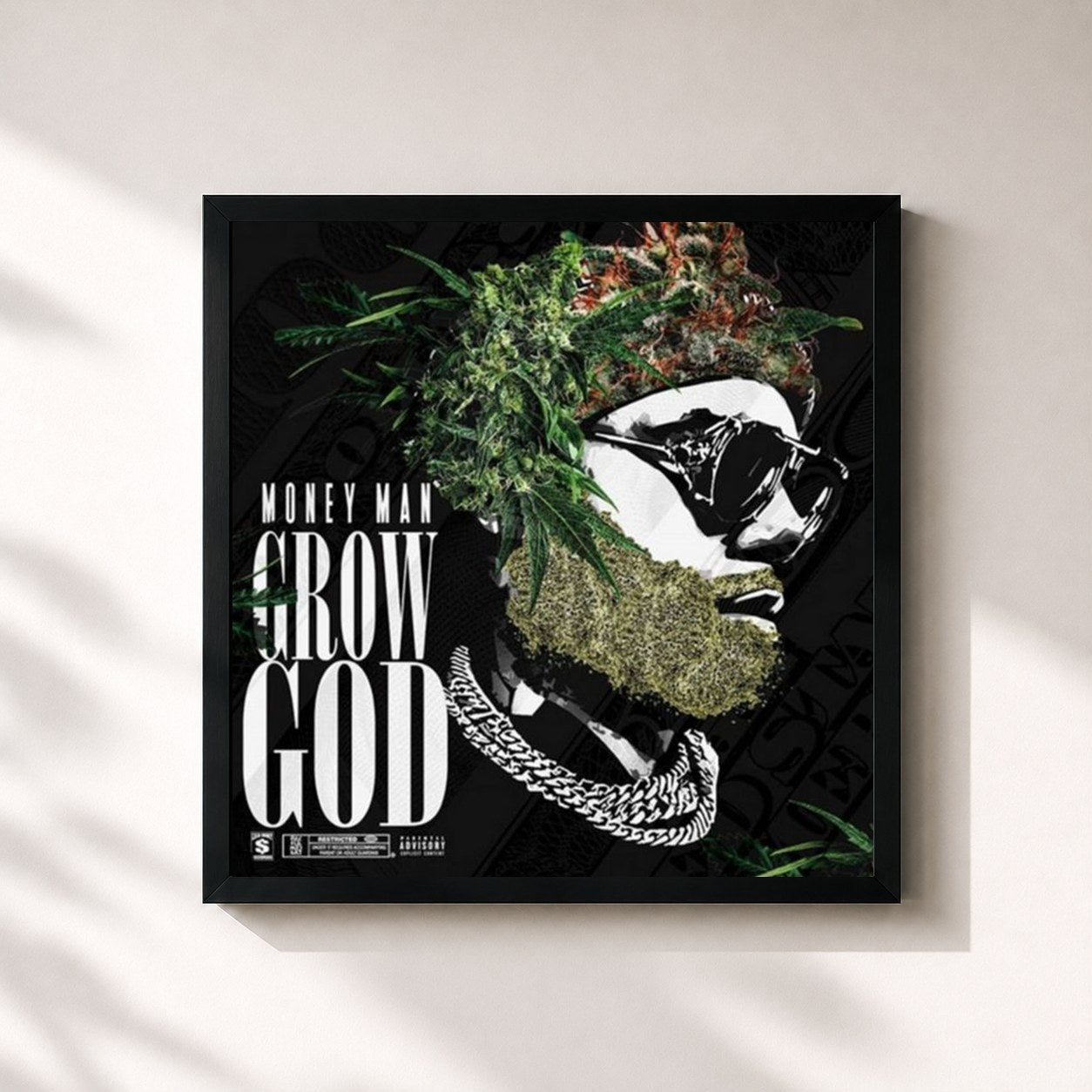 #noir Tableau carré de l'album Grow God de Money Man, cadre noir 32x32 cm