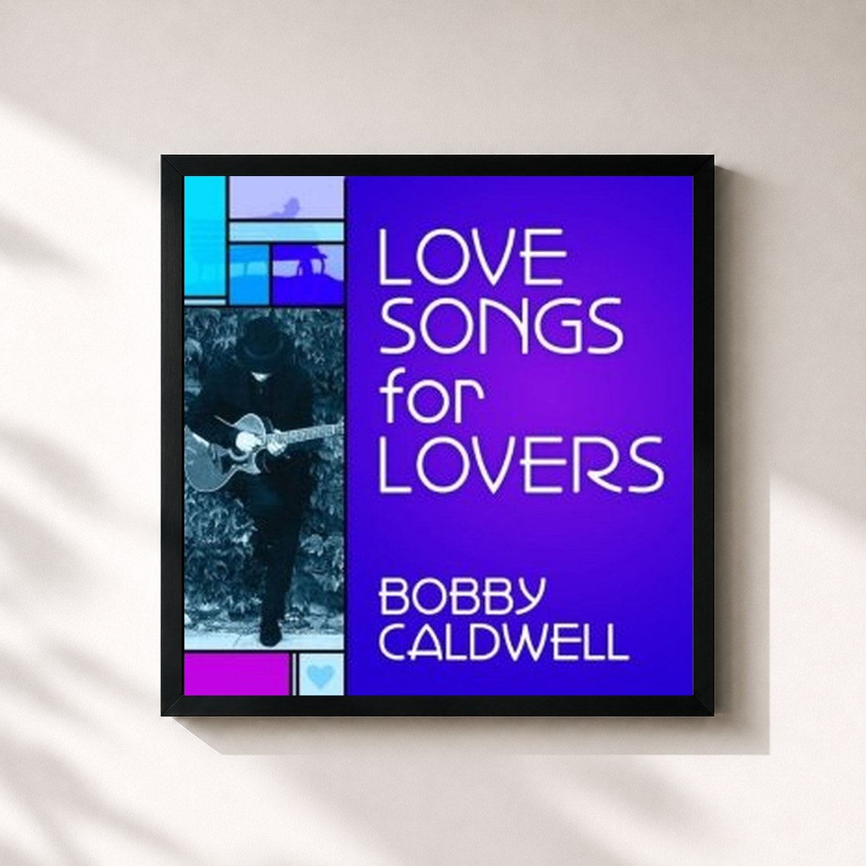 #noir Tableau carré de l'album Love Songs for Lovers de Bobby Caldwell, cadre noir 32x32 cm