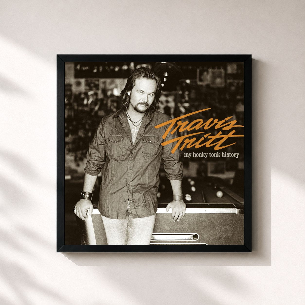 #noir Tableau carré de l'album My Honky Tonk History de Travis Tritt, cadre noir 32x32 cm