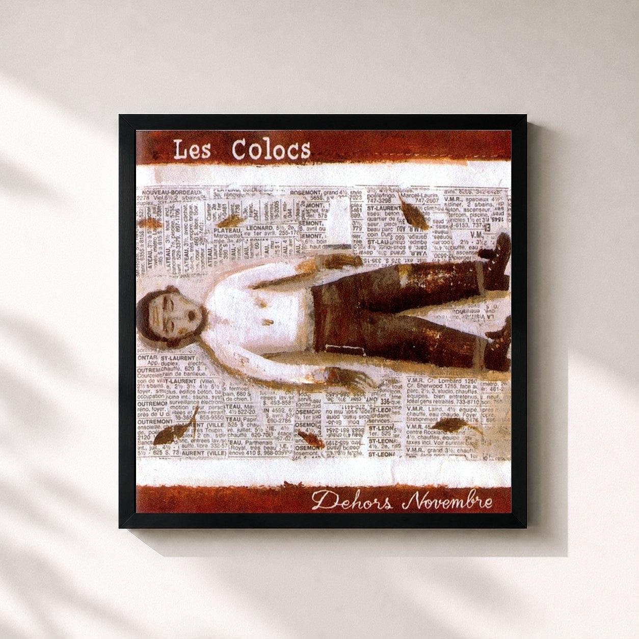 #noir Tableau carré de l'album Dehors Novembre de Les Colocs, cadre noir 32x32 cm