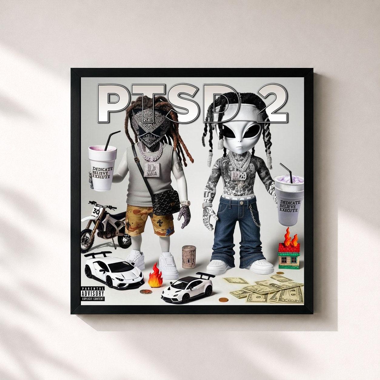 #noir Tableau carré de l'album PTSD 2 de D-Block Europe, cadre noir 32x32 cm