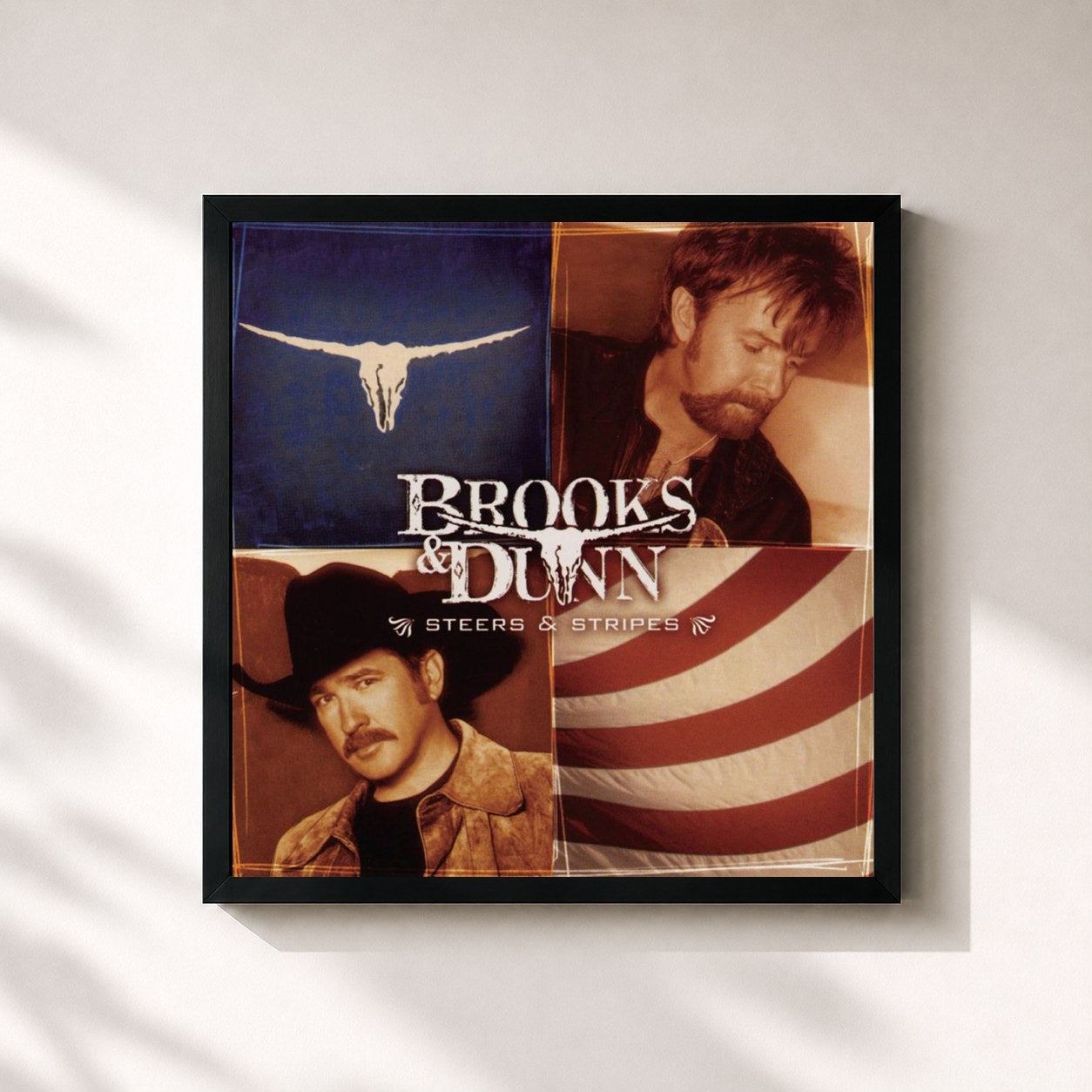 #noir Tableau carré de l'album Steers & Stripes de Brooks & Dunn, cadre noir 32x32 cm