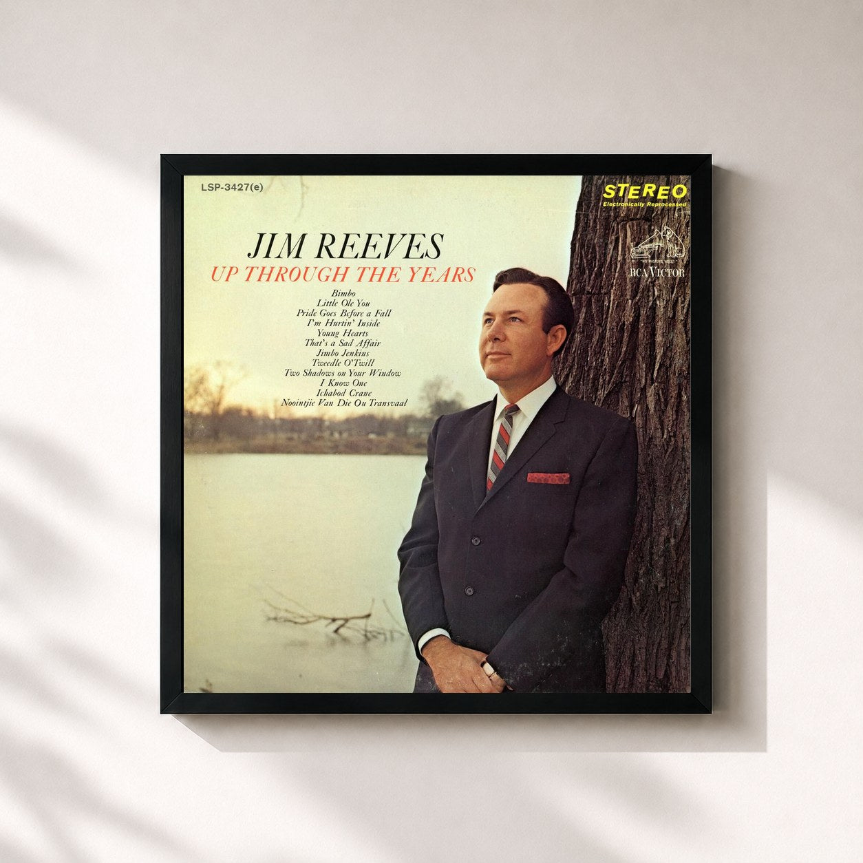 #noir Tableau carré de l'album Up Through the Years de Jim Reeves, cadre noir 32x32 cm