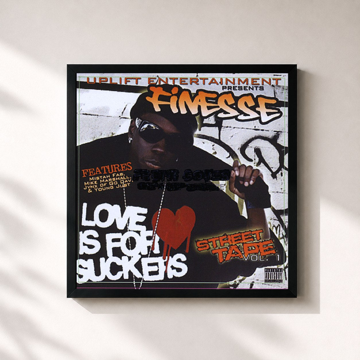 #noir Tableau carré de l'album Love is For Suckers de Finesse, cadre noir 32x32 cm