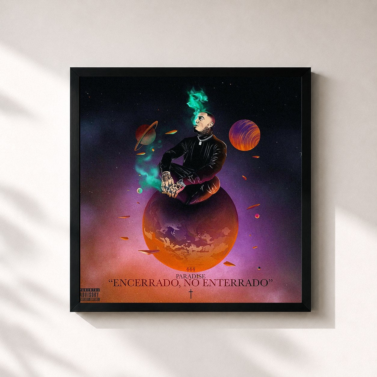 #noir Tableau carré de l'album 444 Paradise "Encerrado, No Enterrado" de Gera MX, cadre noir 32x32 cm