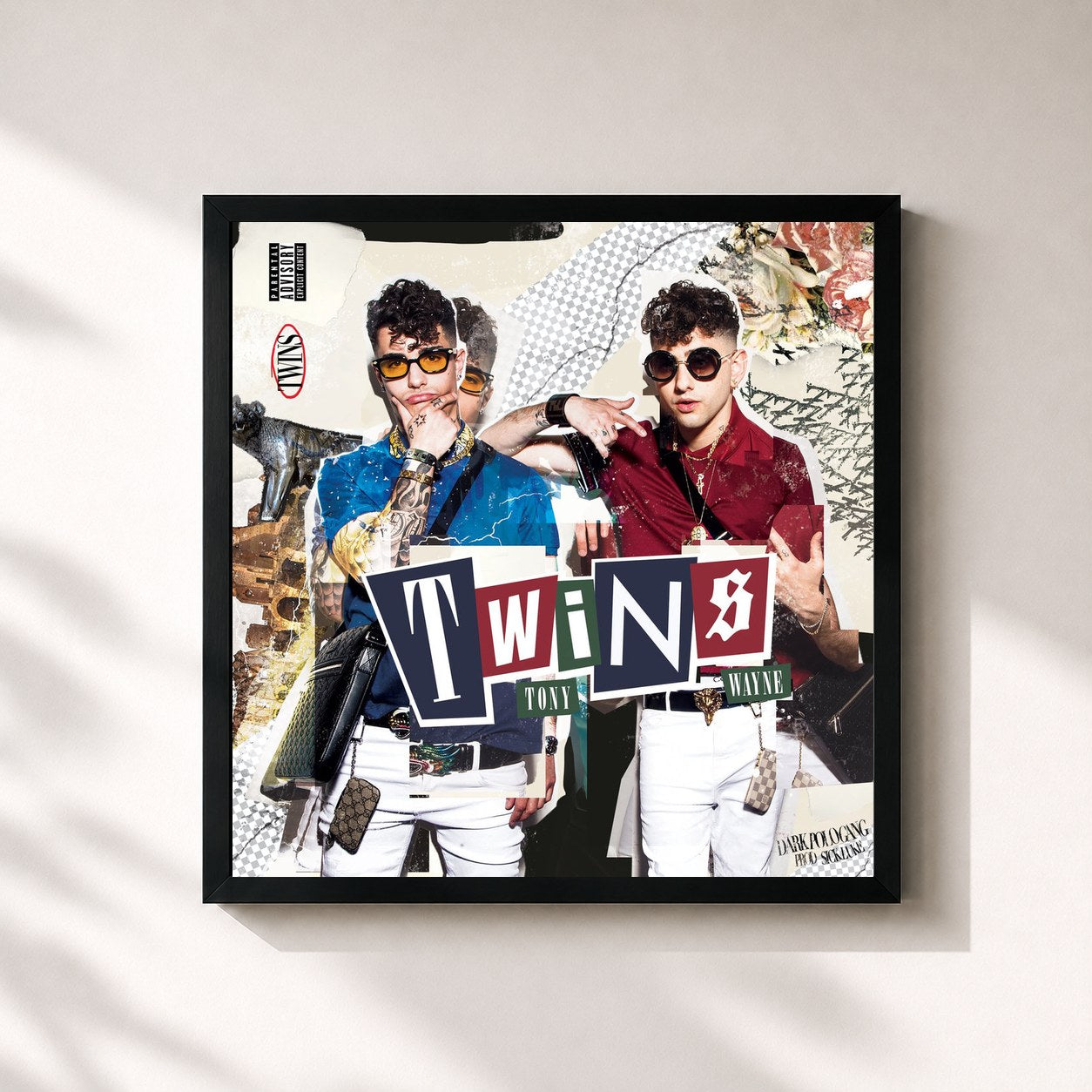 #noir Tableau carré de l'album Twins de Dark Polo Gang, cadre noir 32x32 cm