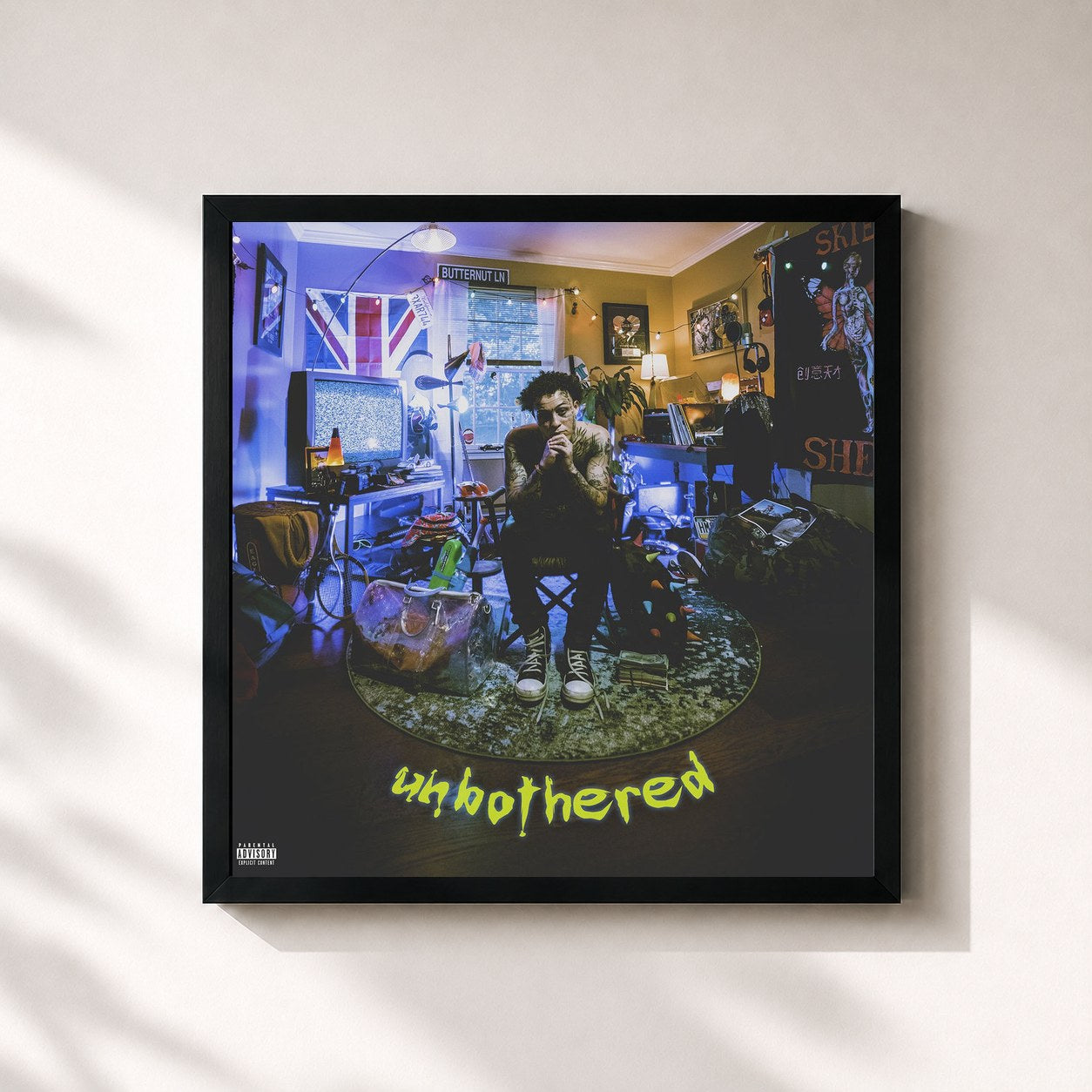 #noir Tableau carré de l'album Unbothered de Lil Skies, cadre noir 32x32 cm