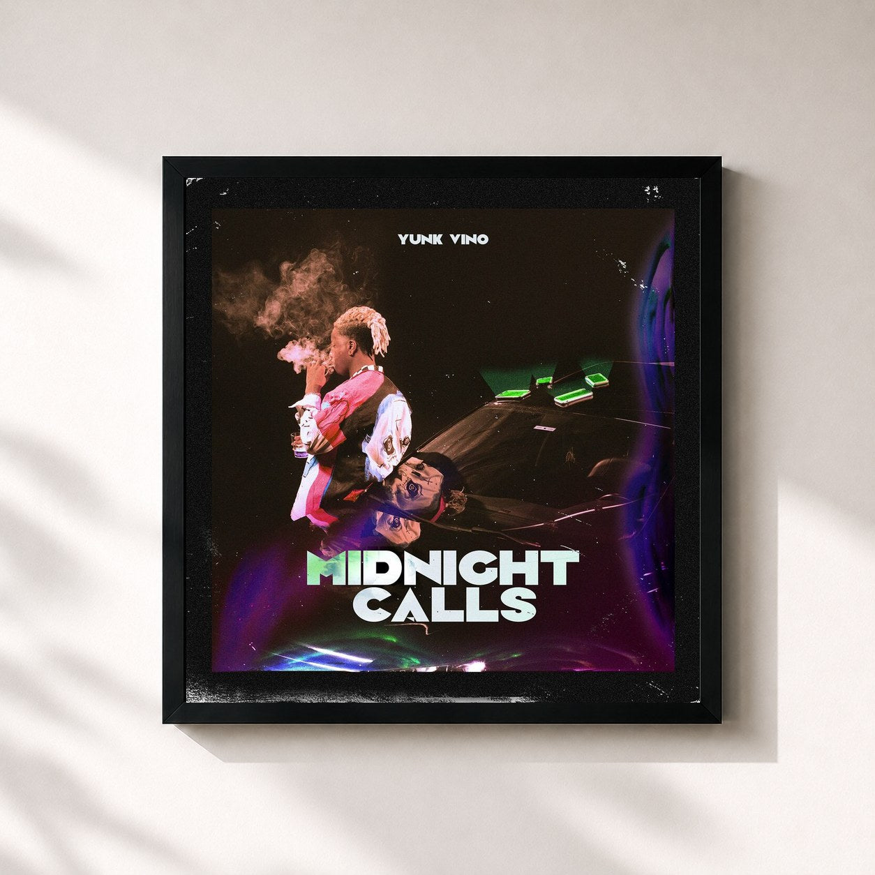 #noir Tableau carré de l'album MIDNIGHT CALLS de Yunk Vino, cadre noir 32x32 cm