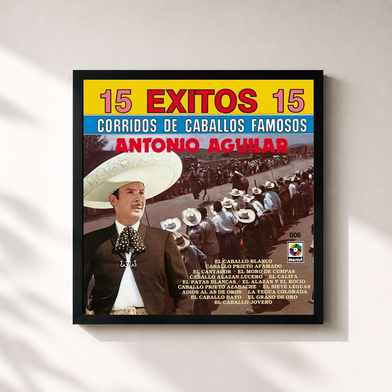 #noir Tableau carré de l'album 15 Éxitos: Corridos de Caballos Famosos de Antonio Aguilar, cadre noir 32x32 cm