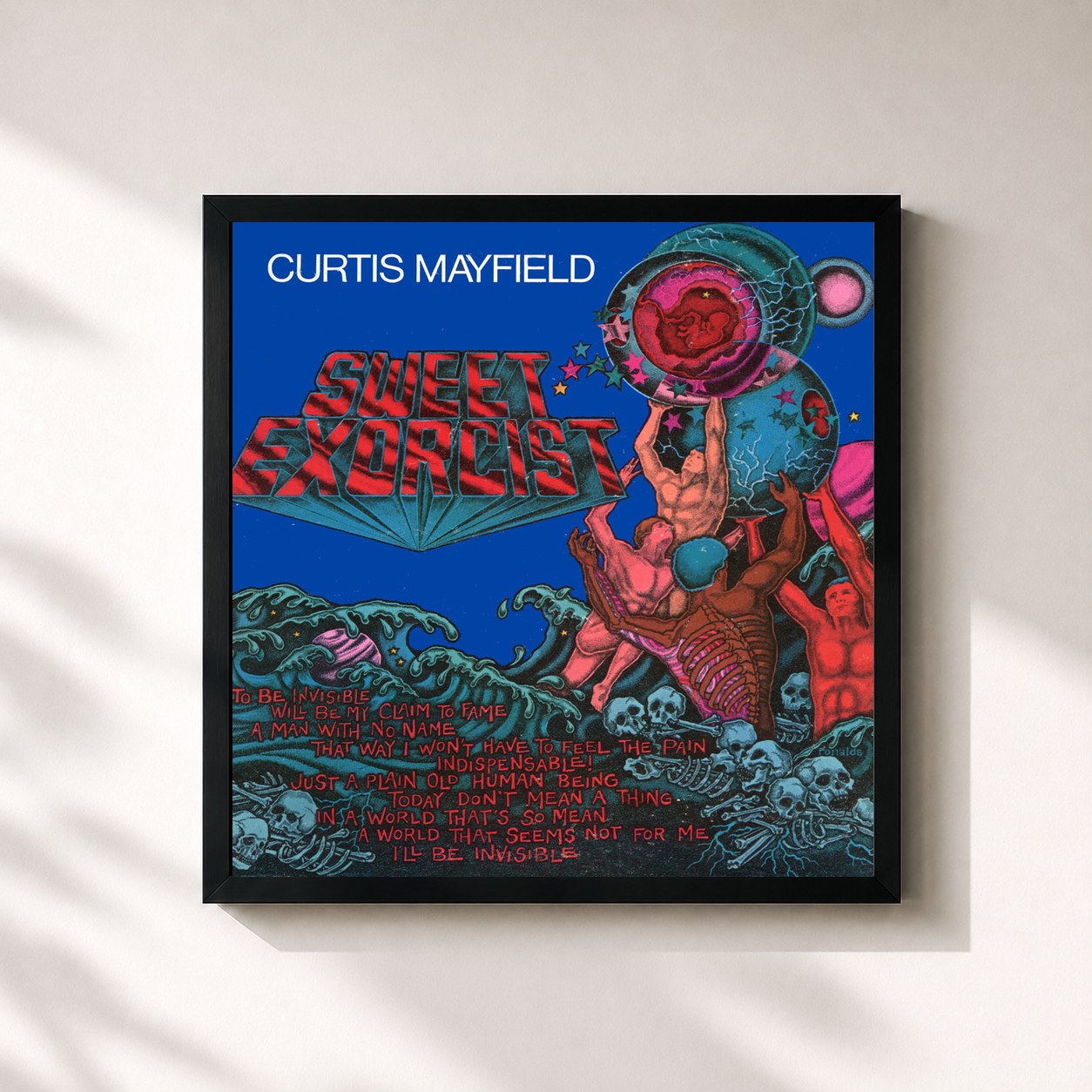 #noir Tableau carré de l'album Sweet Exorcist de Curtis Mayfield, cadre noir 32x32 cm