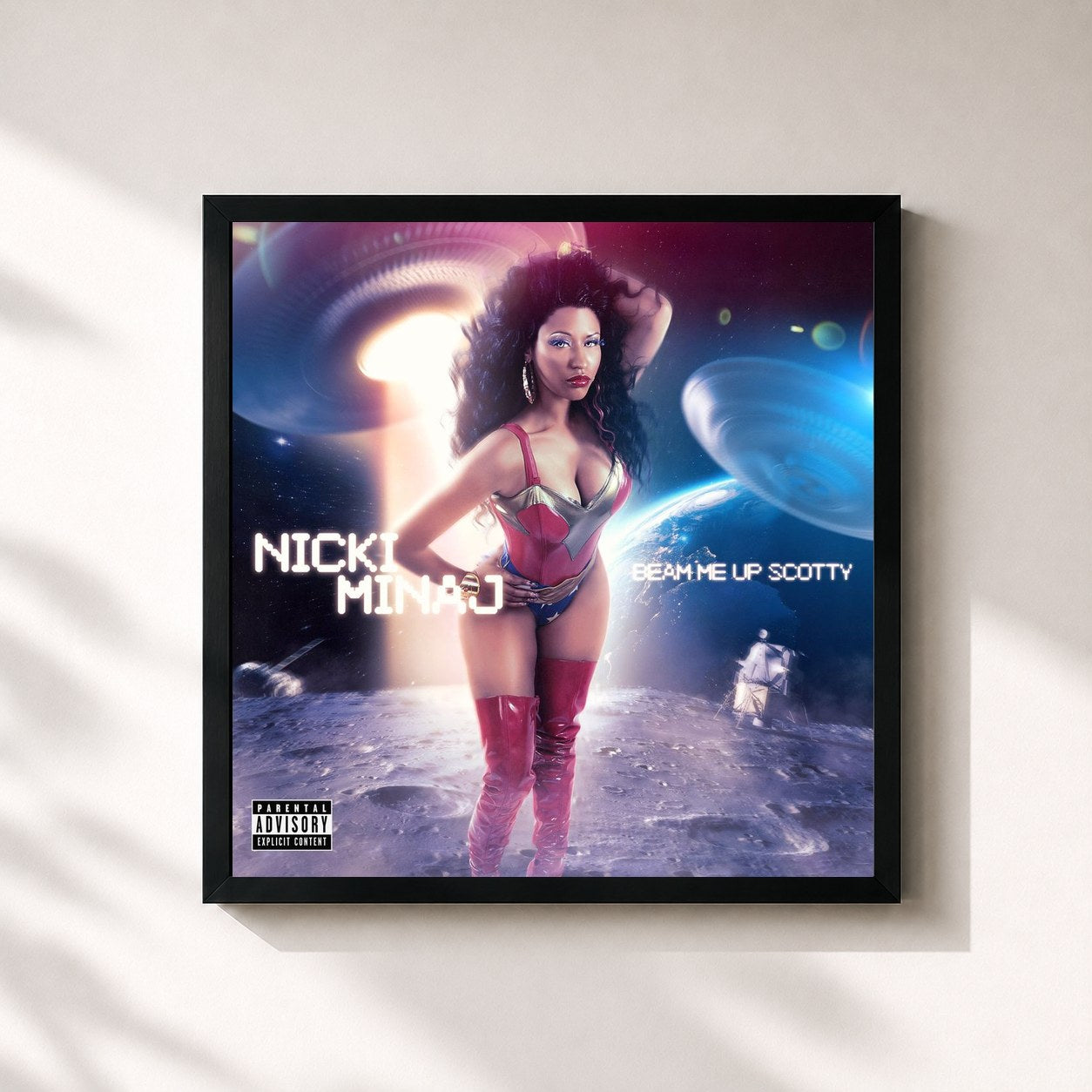 #noir Tableau carré de l'album Beam Me Up Scotty de Nicki Minaj, cadre noir 32x32 cm