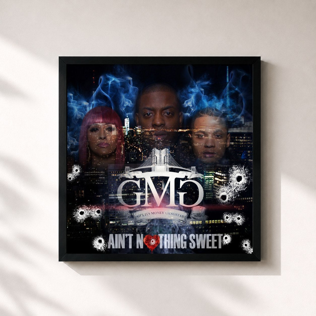 #noir Tableau carré de l'album Ain't Nothing Sweet de Uncle Murda, cadre noir 32x32 cm