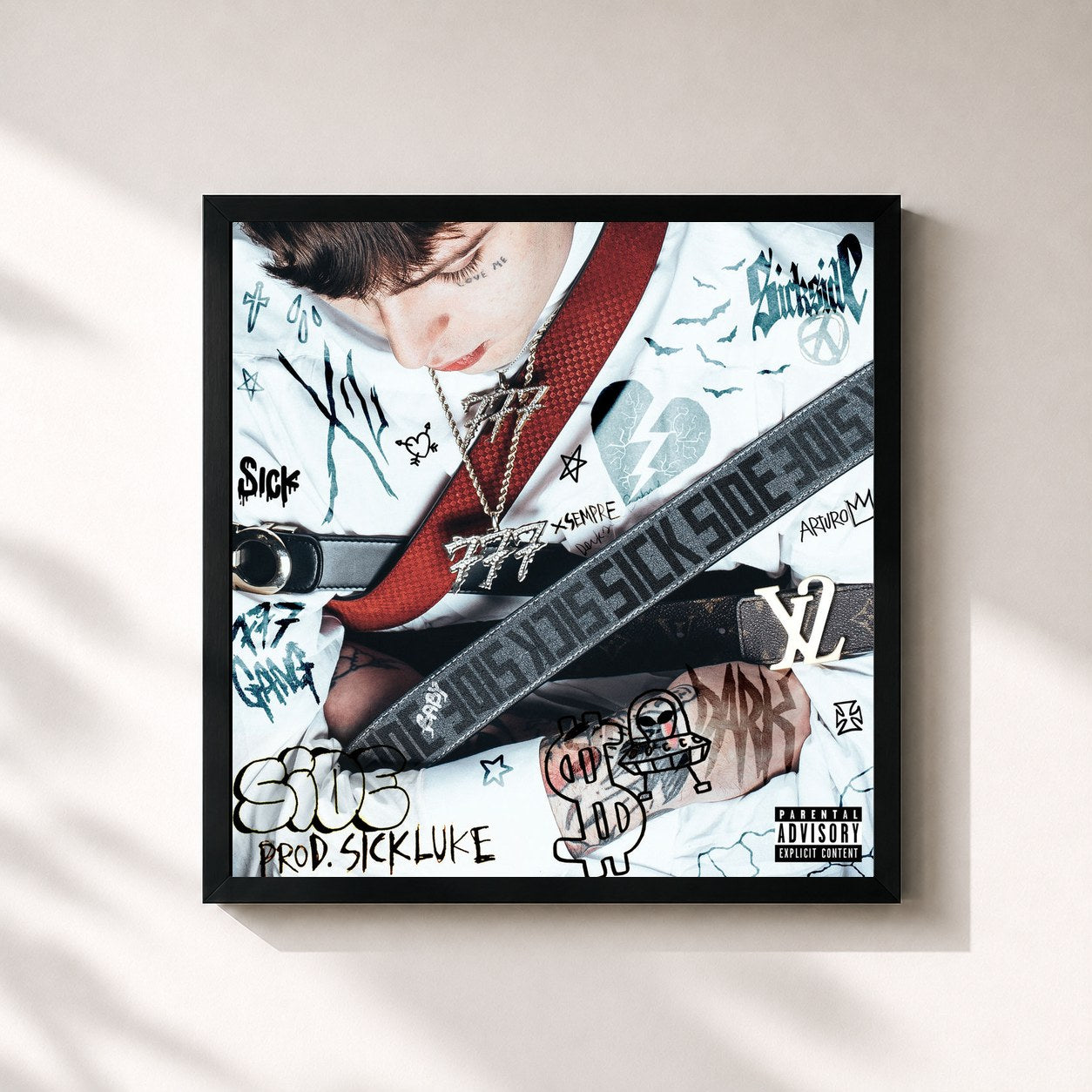 #noir Tableau carré de l'album Sick Side de Dark Polo Gang, cadre noir 32x32 cm