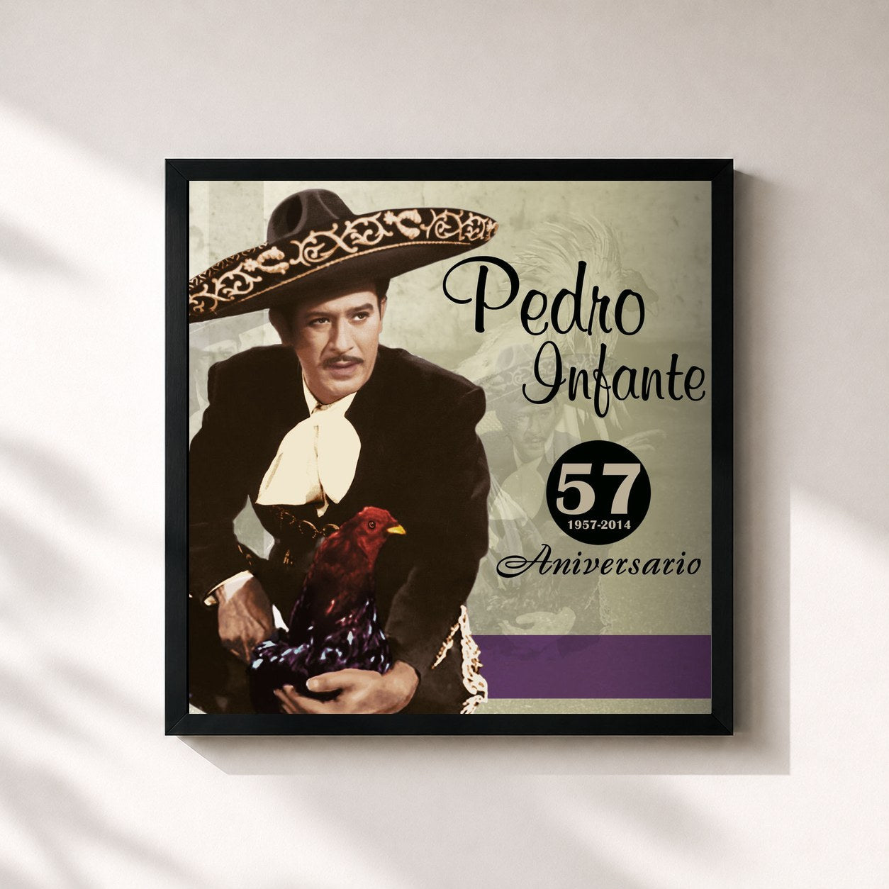 #noir Tableau carré de l'album 57 Aniversario de Pedro Infante, cadre noir 32x32 cm