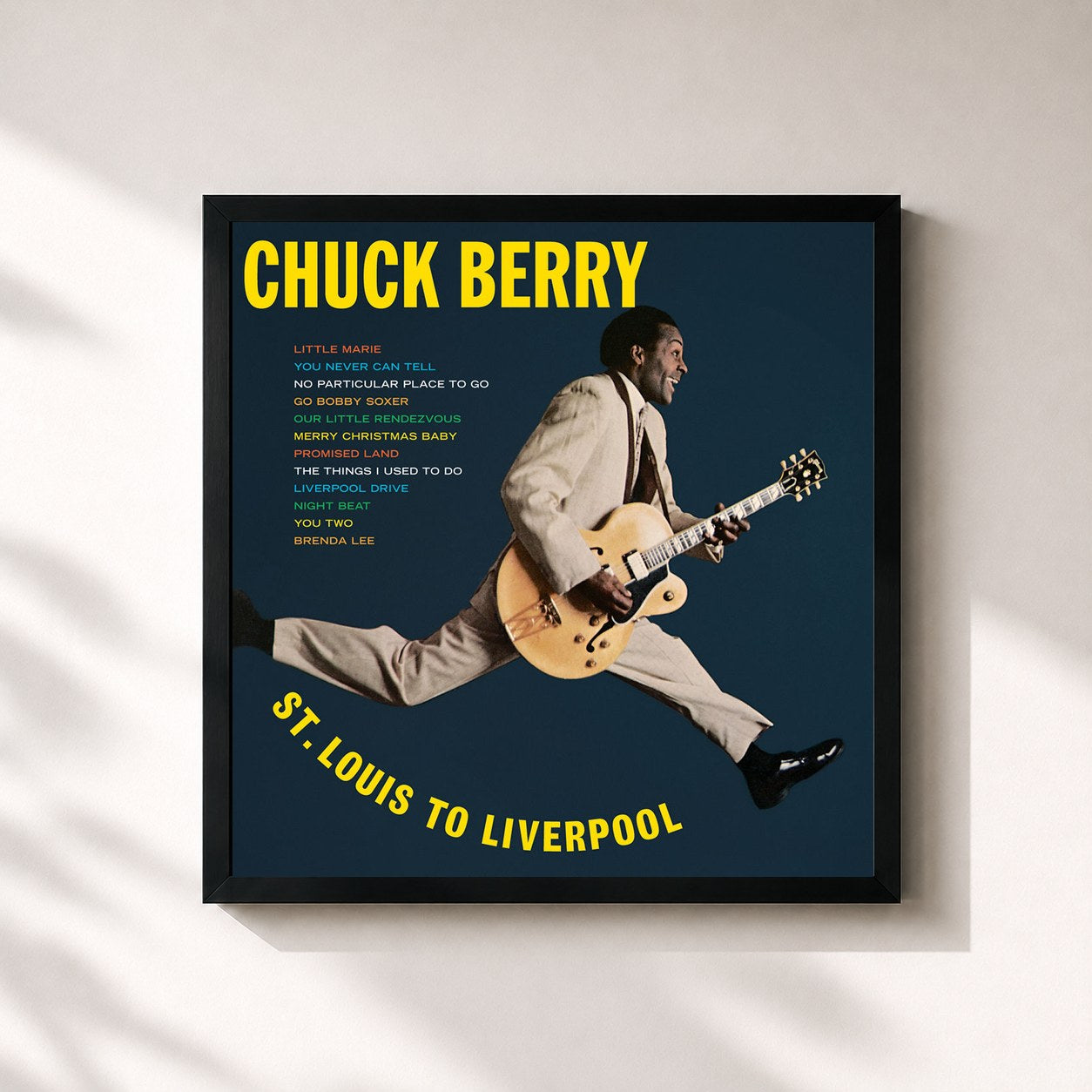 #noir Tableau carré de l'album St. Louis To Liverpool de Chuck Berry, cadre noir 32x32 cm