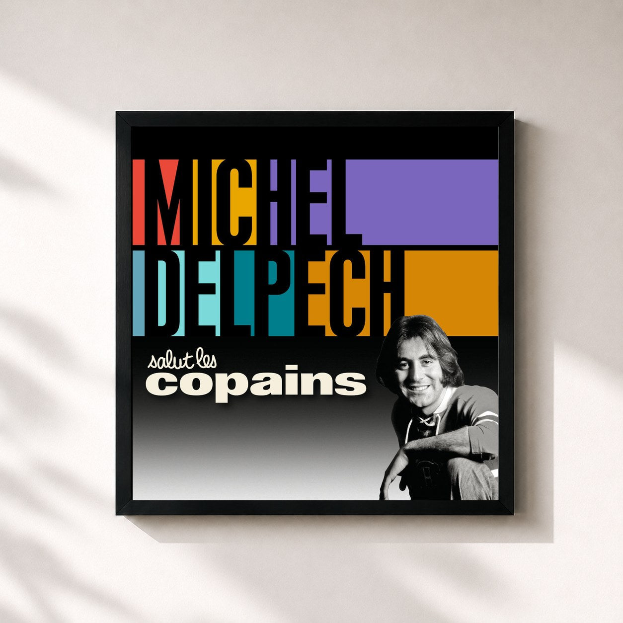 #noir Tableau carré de l'album Salut les copains de Michel Delpech, cadre noir 32x32 cm