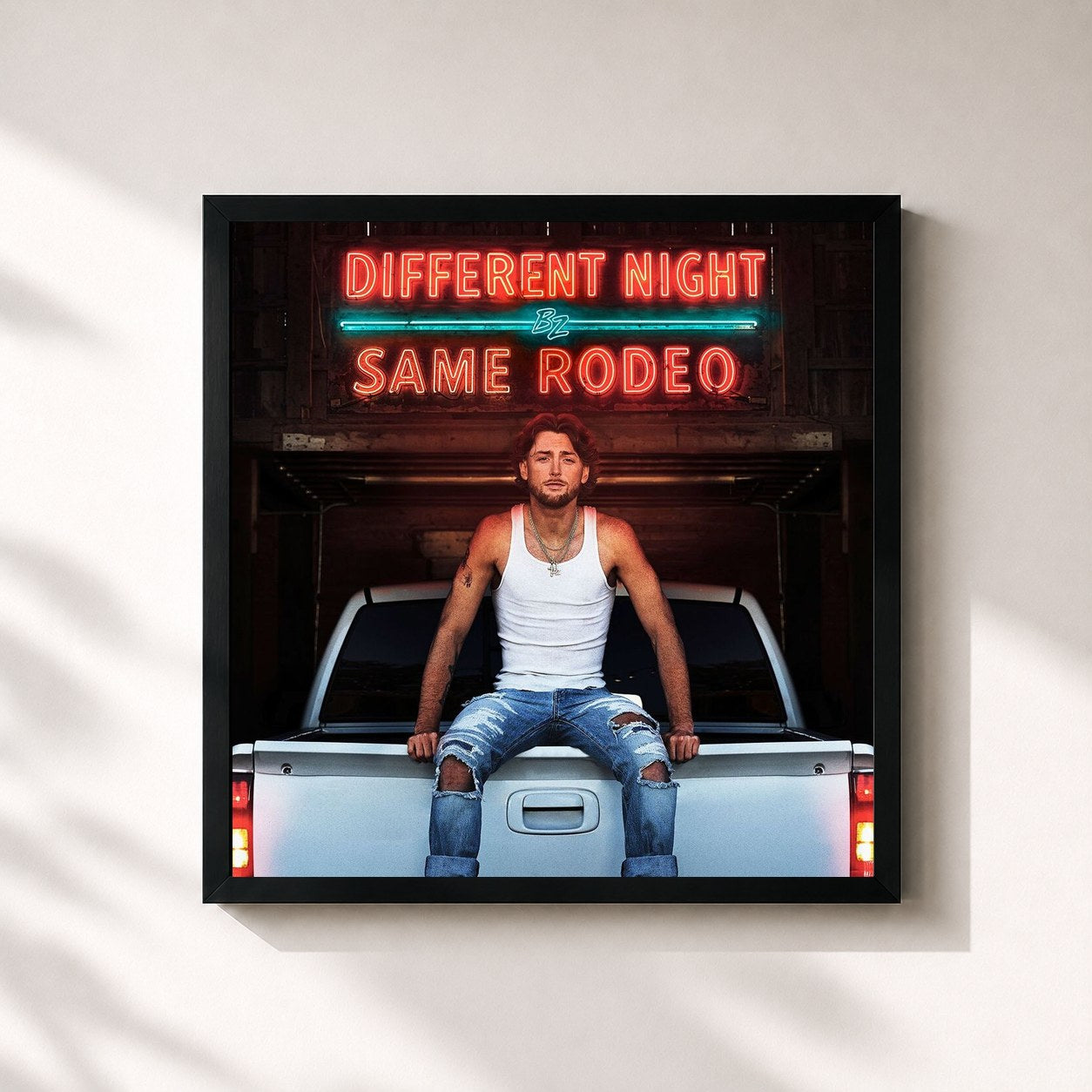 #noir Tableau carré de l'album Different Night Same Rodeo de Bailey Zimmerman, cadre noir 32x32 cm