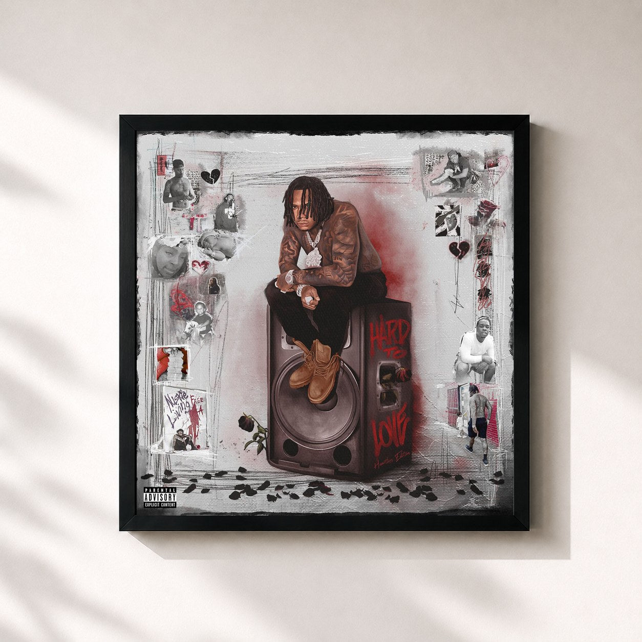 #noir Tableau carré de l'album Hard To Love de Moneybagg Yo, cadre noir 32x32 cm