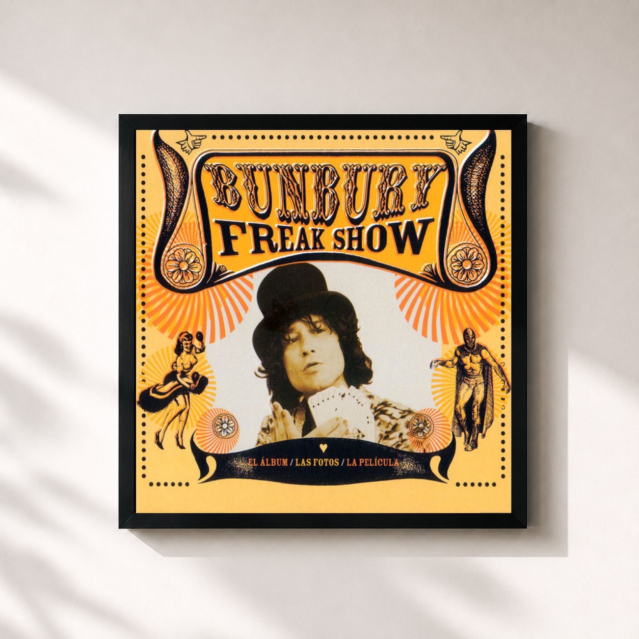 #noir Tableau carré de l'album Freak Show de Bunbury, cadre noir 32x32 cm
