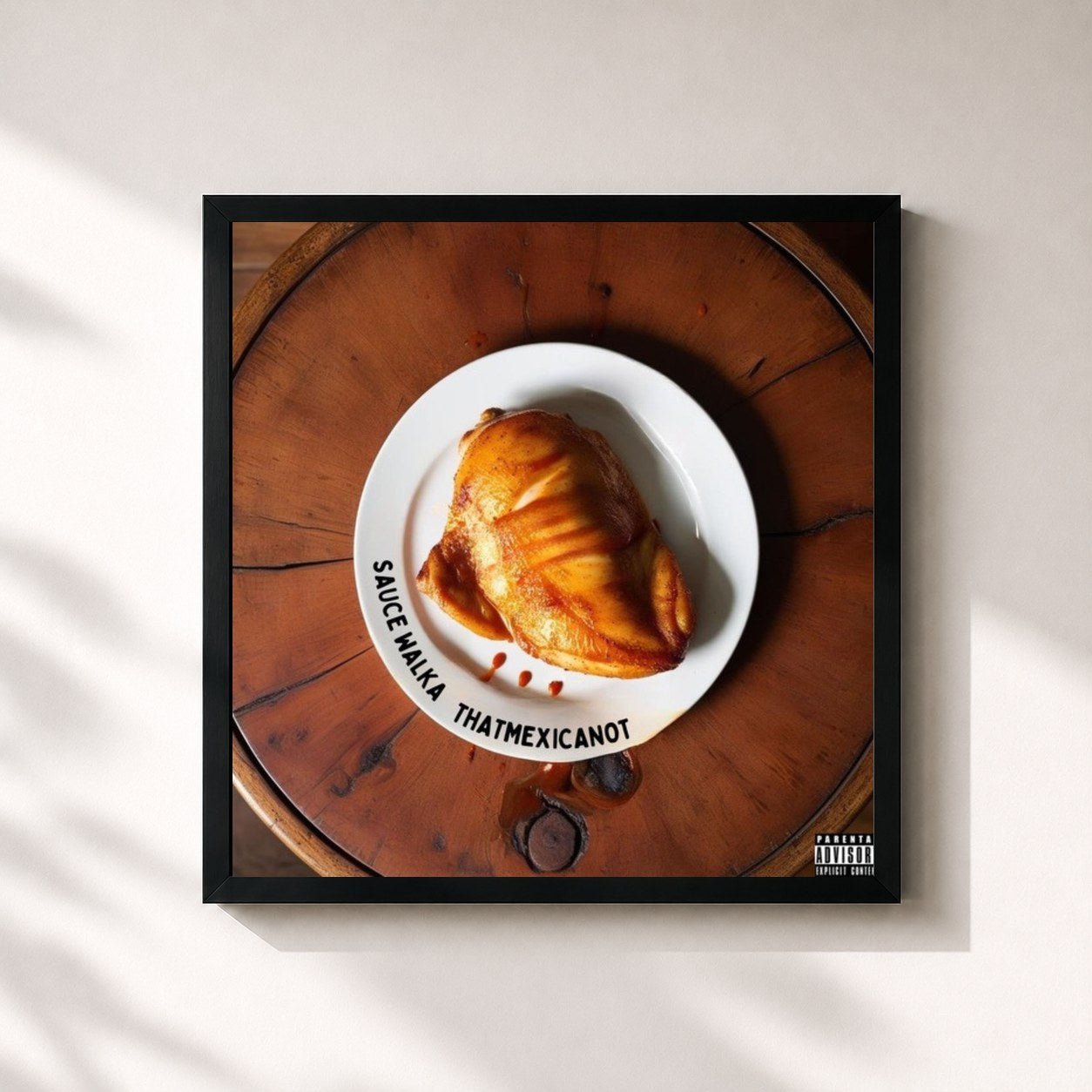 #noir Tableau carré de l'album Chicken & Sauce de that mexican ot, cadre noir 32x32 cm