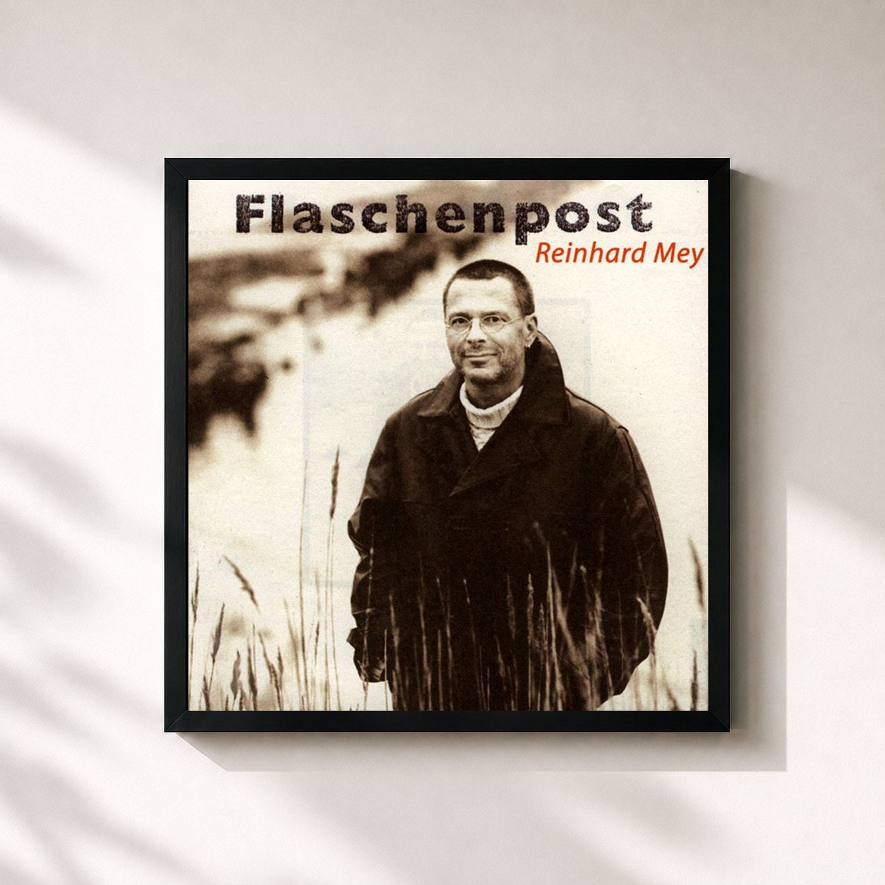 #noir Tableau carré de l'album Flaschenpost de Reinhard Mey, cadre noir 32x32 cm
