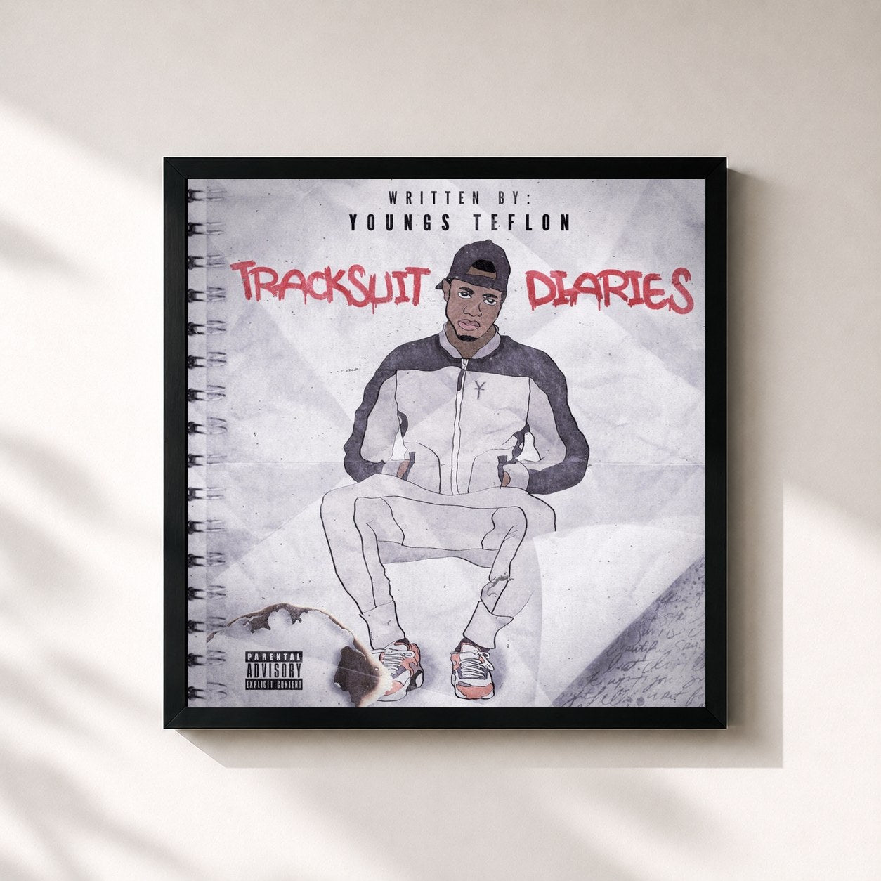 #noir Tableau carré de l'album Tracksuit Diaries de Youngs Teflon, cadre noir 32x32 cm