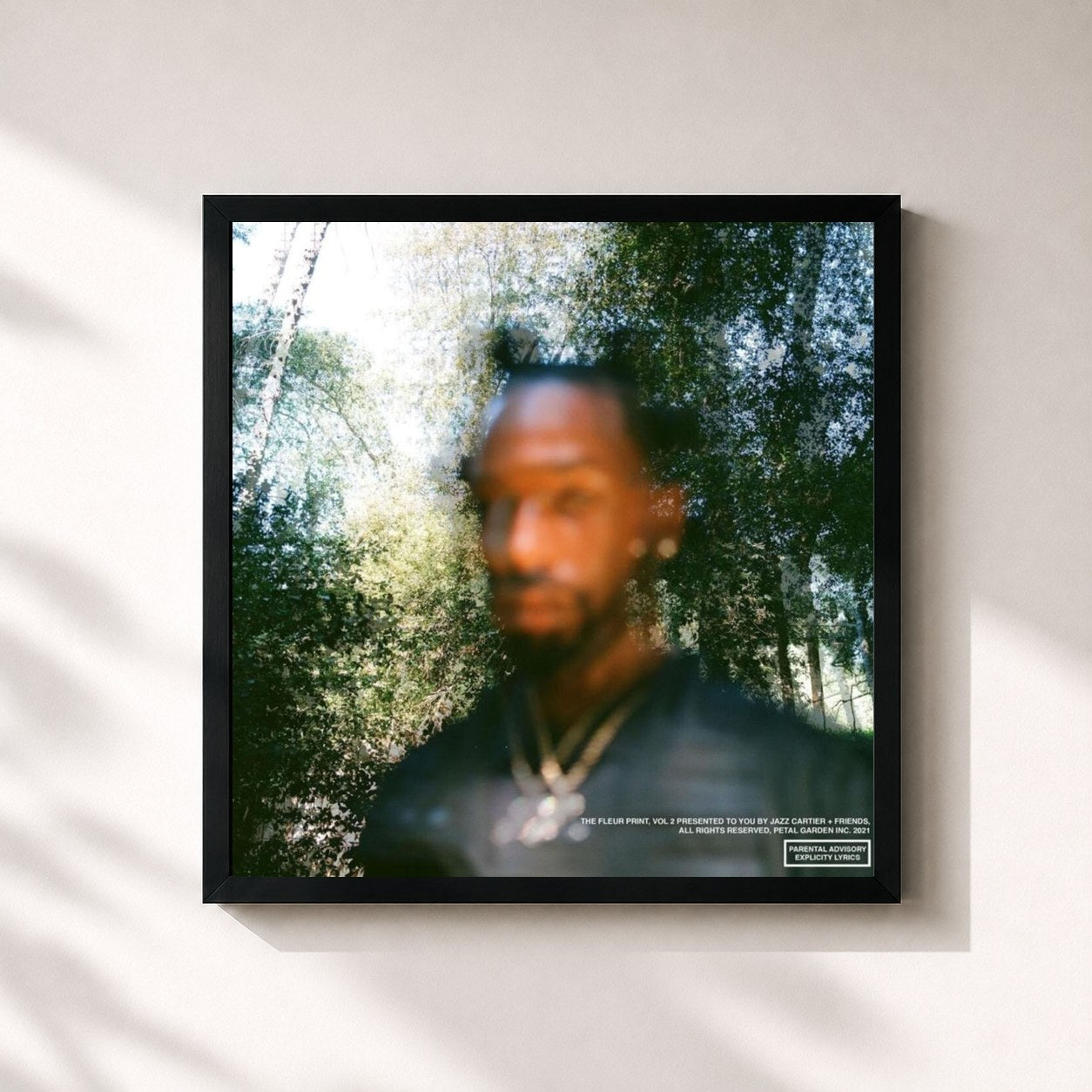 #noir Tableau carré de l'album The Fleur Print, Vol. 2 de Jazz Cartier, cadre noir 32x32 cm