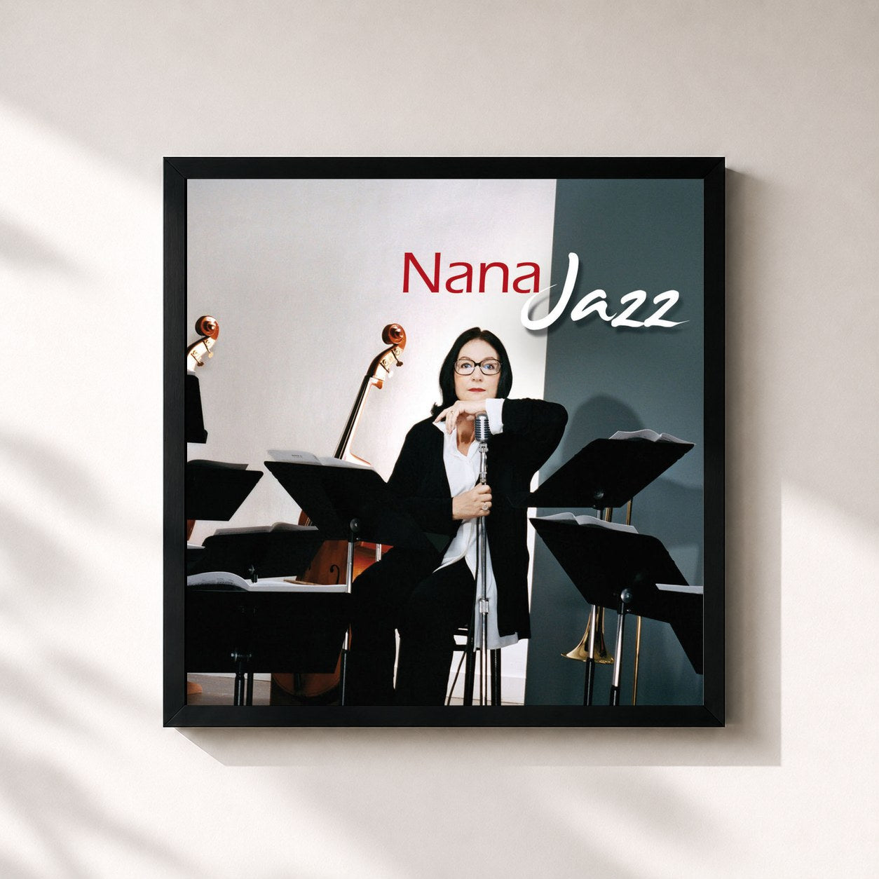 #noir Tableau carré de l'album Nana Jazz de Nana Mouskouri, cadre noir 32x32 cm