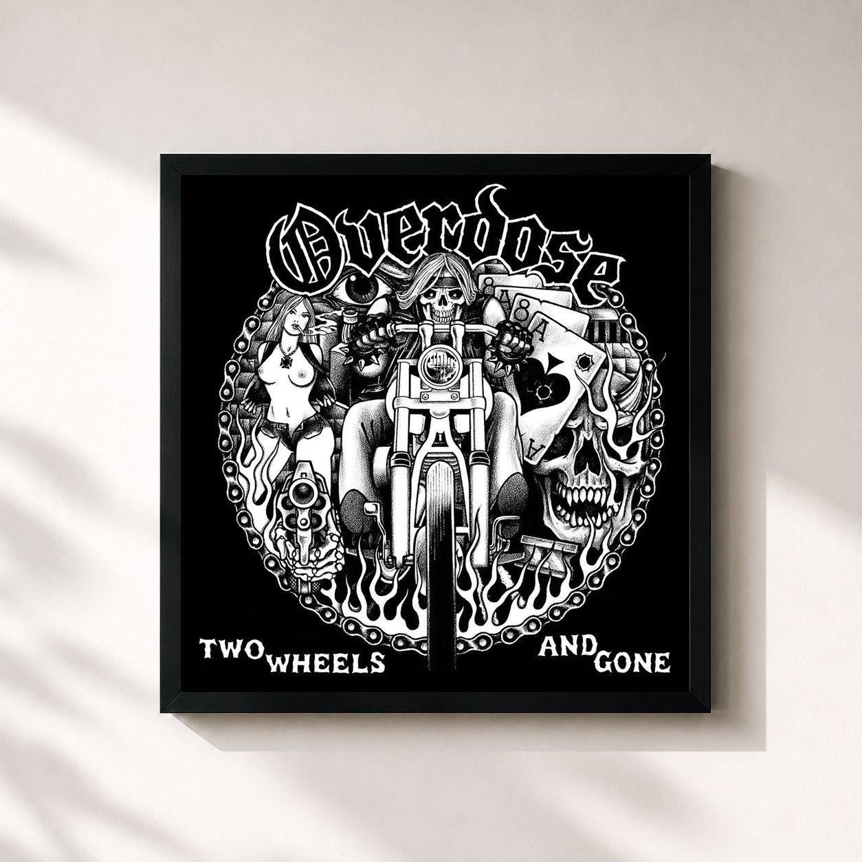 #noir Tableau carré de l'album Two Wheels and Gone de Overdose, cadre noir 32x32 cm