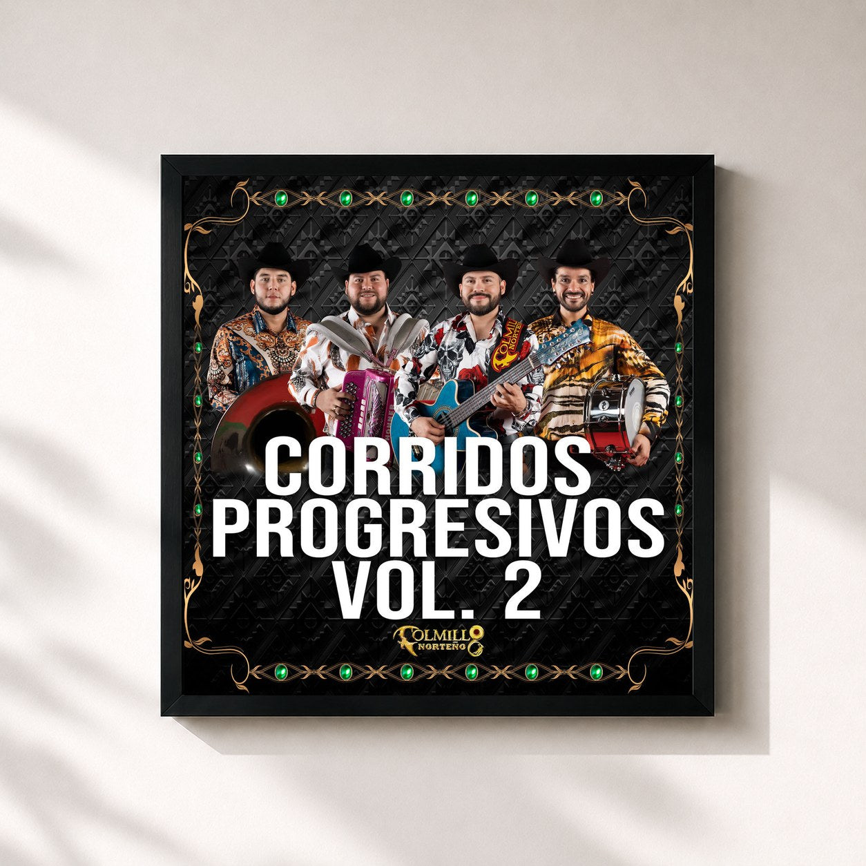 #noir Tableau carré de l'album Corridos Progresivos, Vol. 2 de Colmillo Norteño, cadre noir 32x32 cm