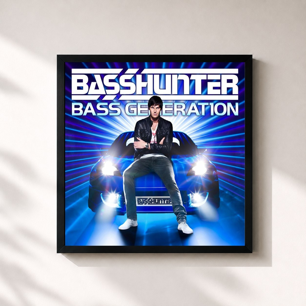 #noir Tableau carré de l'album Bass Generation de Basshunter, cadre noir 32x32 cm