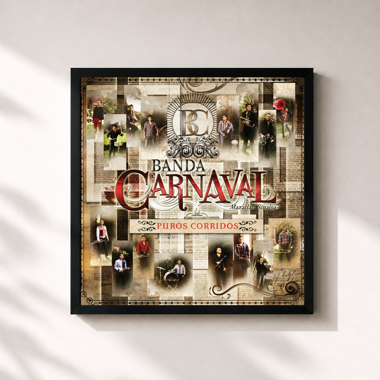 #noir Tableau carré de l'album Puros Corridos de Banda Carnaval, cadre noir 32x32 cm