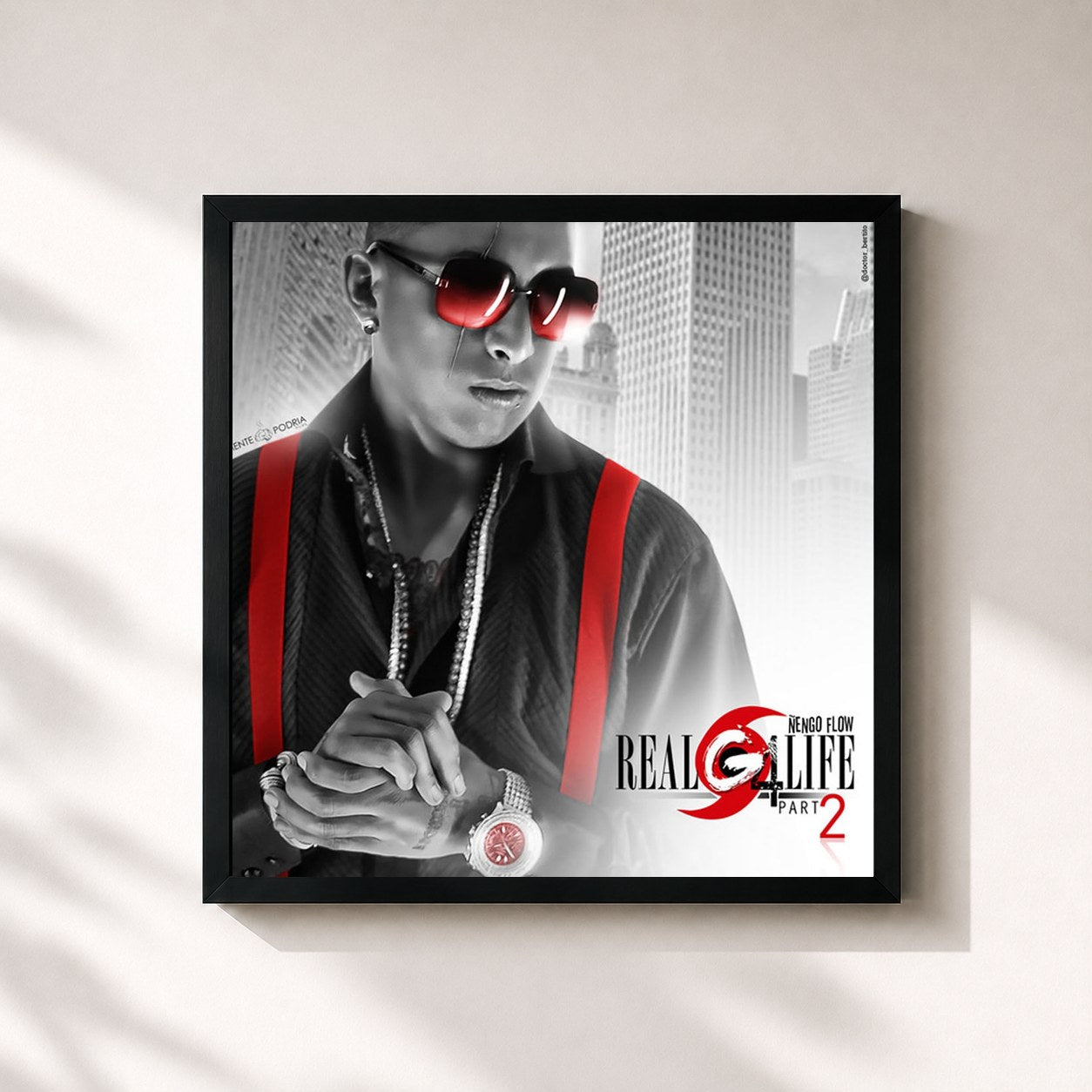 #noir Tableau carré de l'album Real G 4 Life Part 2 de Ñengo Flow, cadre noir 32x32 cm