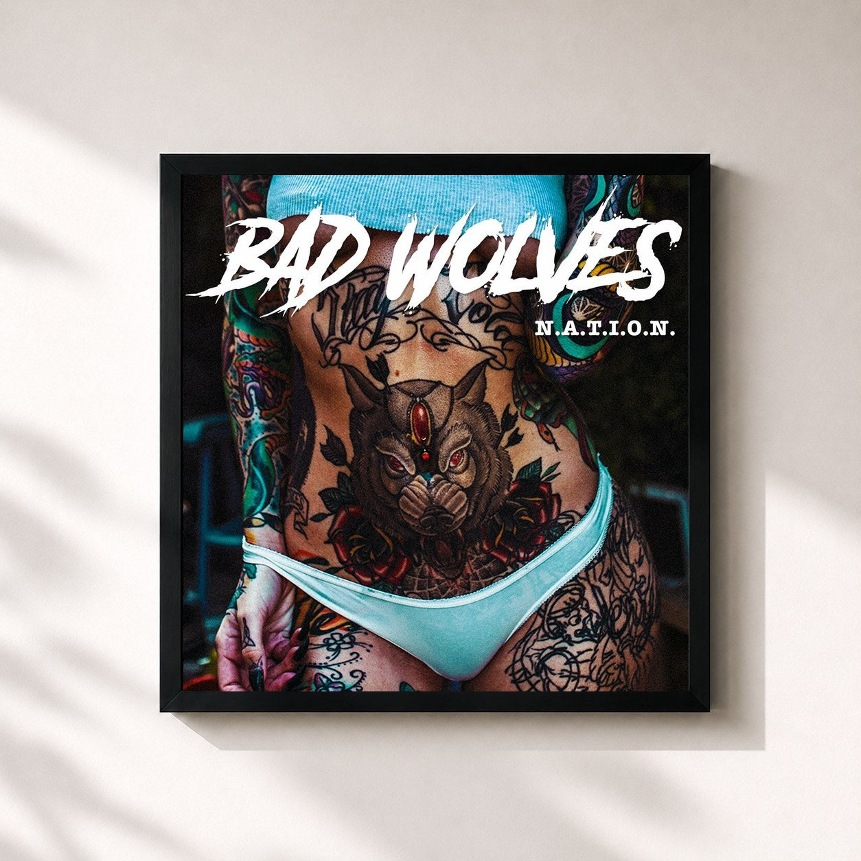 #noir Tableau carré de l'album N.A.T.I.O.N. de Bad Wolves, cadre noir 32x32 cm