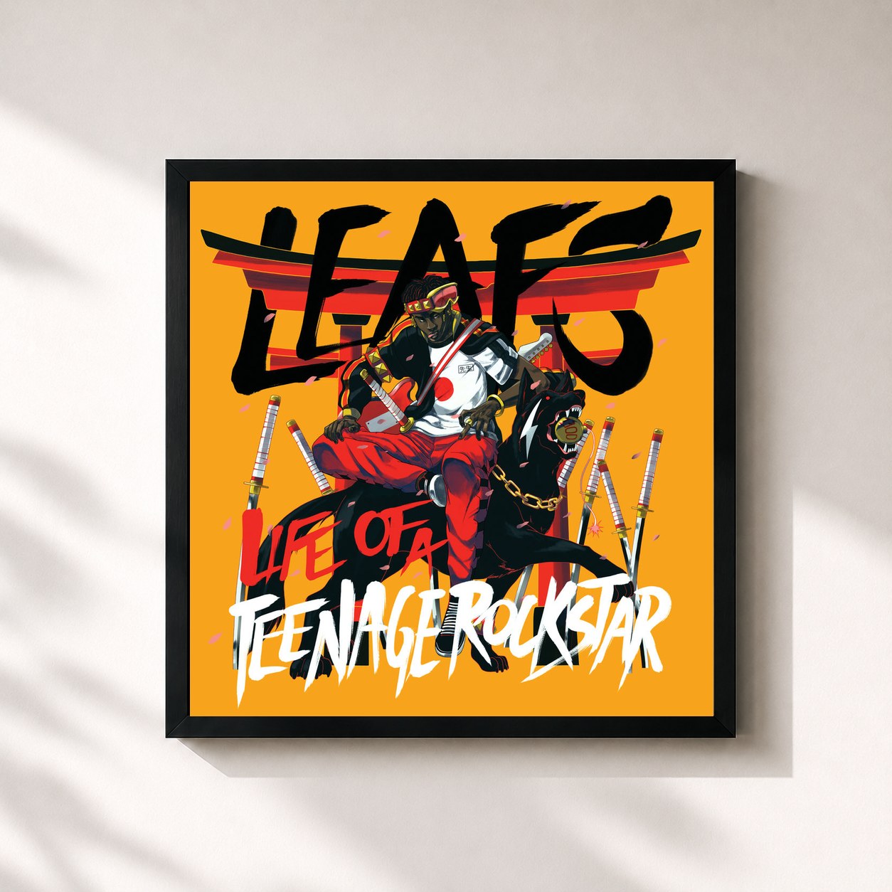#noir Tableau carré de l'album Life Of A Teenage Rockstar de Leafs, cadre noir 32x32 cm