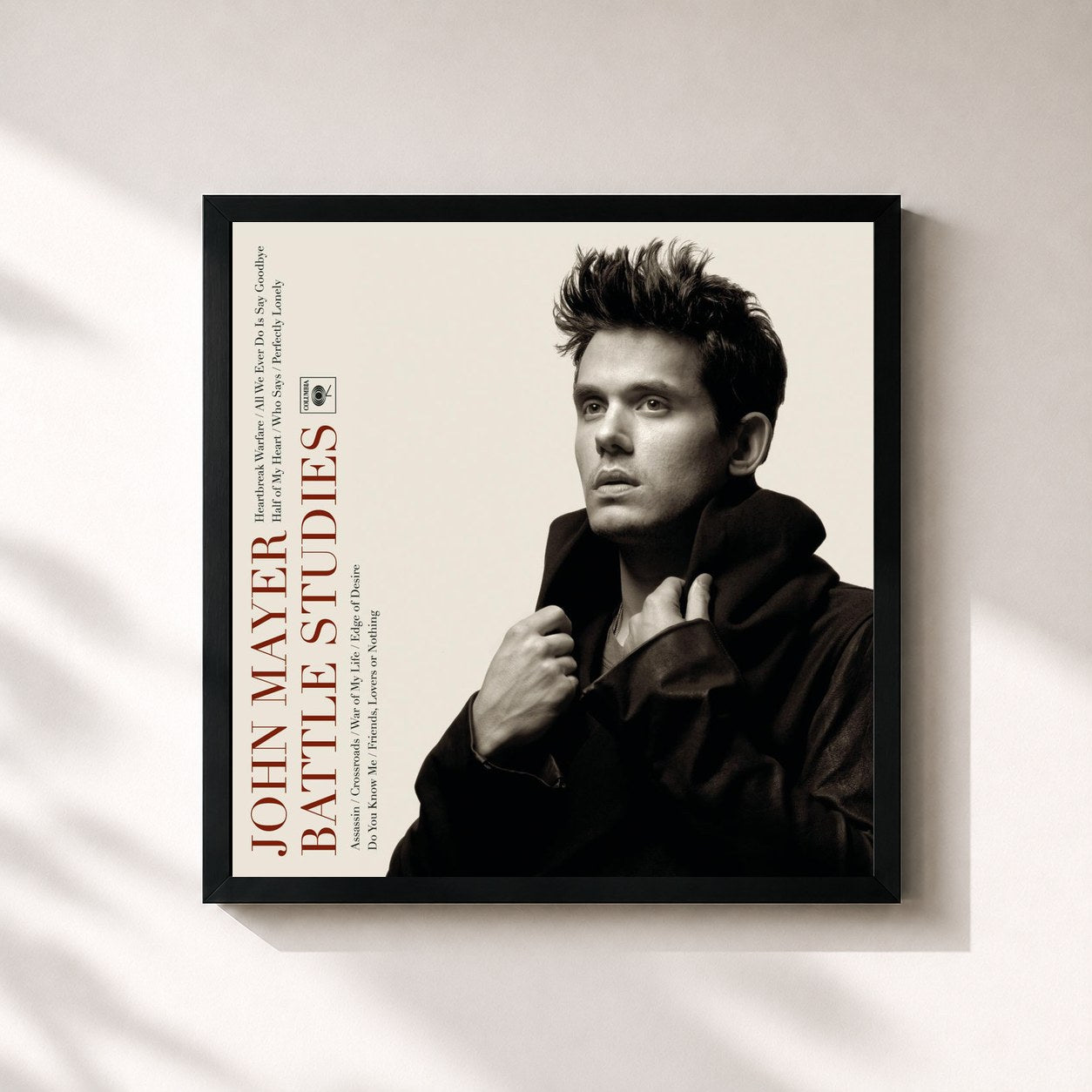 #noir Tableau carré de l'album Battle Studies de John Mayer, cadre noir 32x32 cm