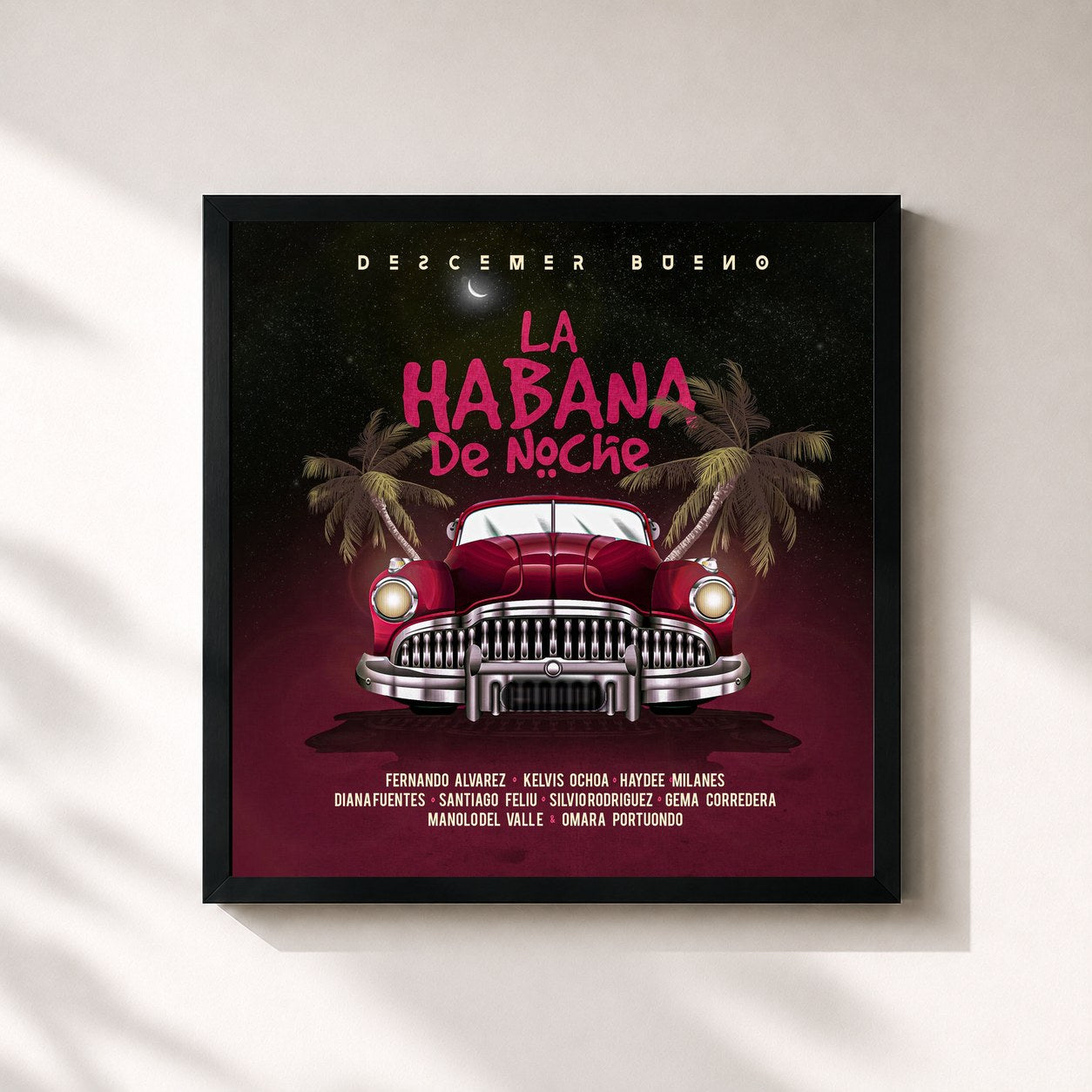 #noir Tableau carré de l'album La Habana De Noche de Descemer Bueno, cadre noir 32x32 cm
