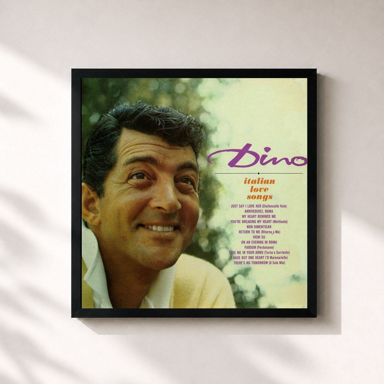 #noir Tableau carré de l'album Italian Love Songs de Dean Martin, cadre noir 32x32 cm