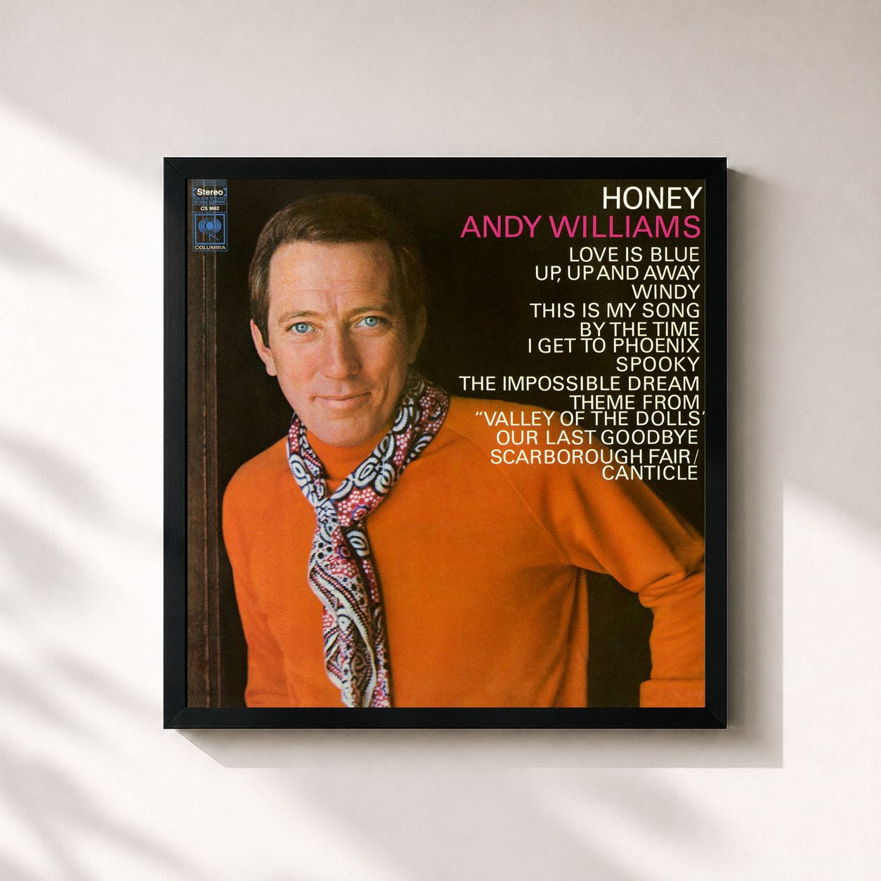#noir Tableau carré de l'album Honey de Andy Williams, cadre noir 32x32 cm